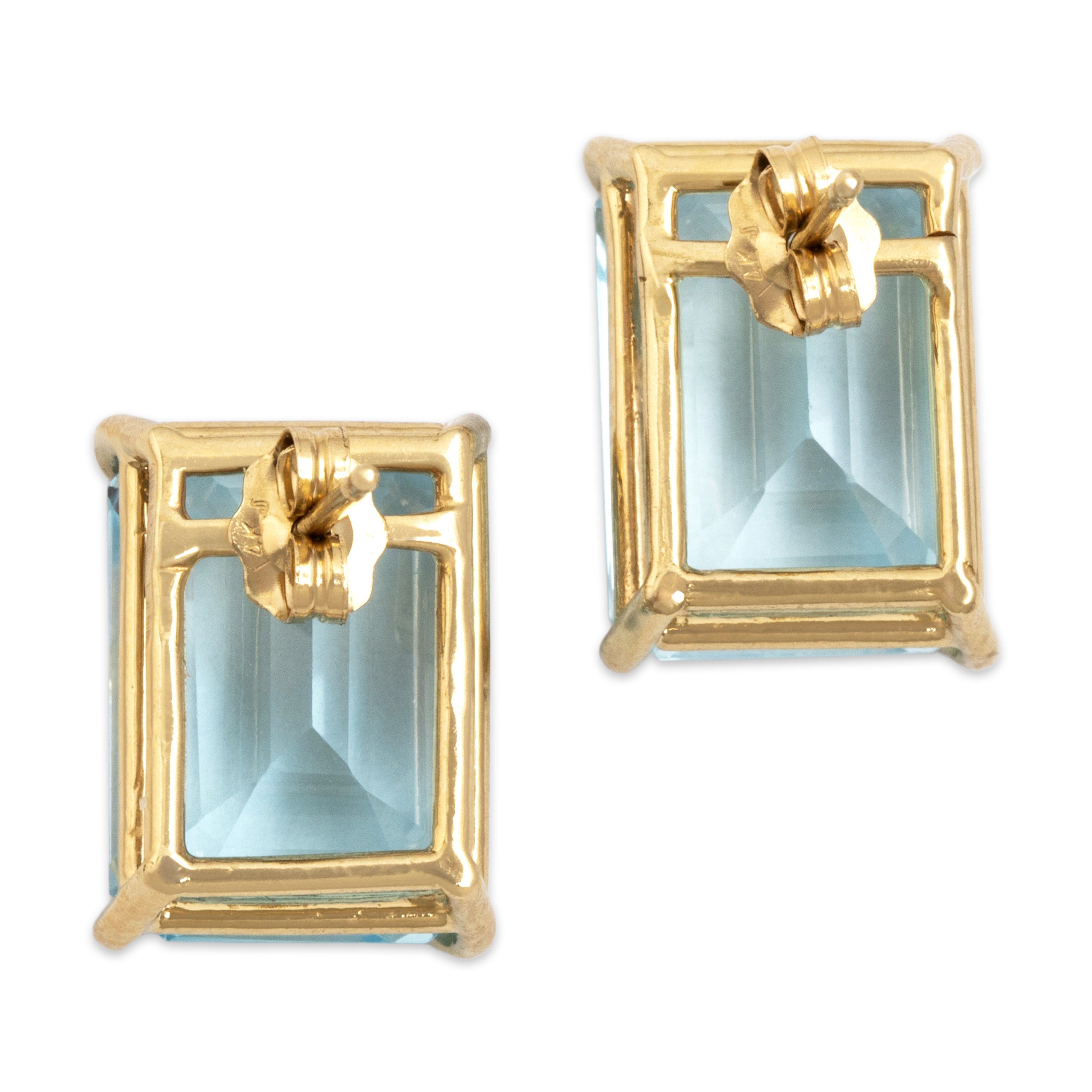 Vintage Large Bright 14k Yellow Gold 17.64cttw Swiss Blue Topaz Emerald Stud Earrings - Back view