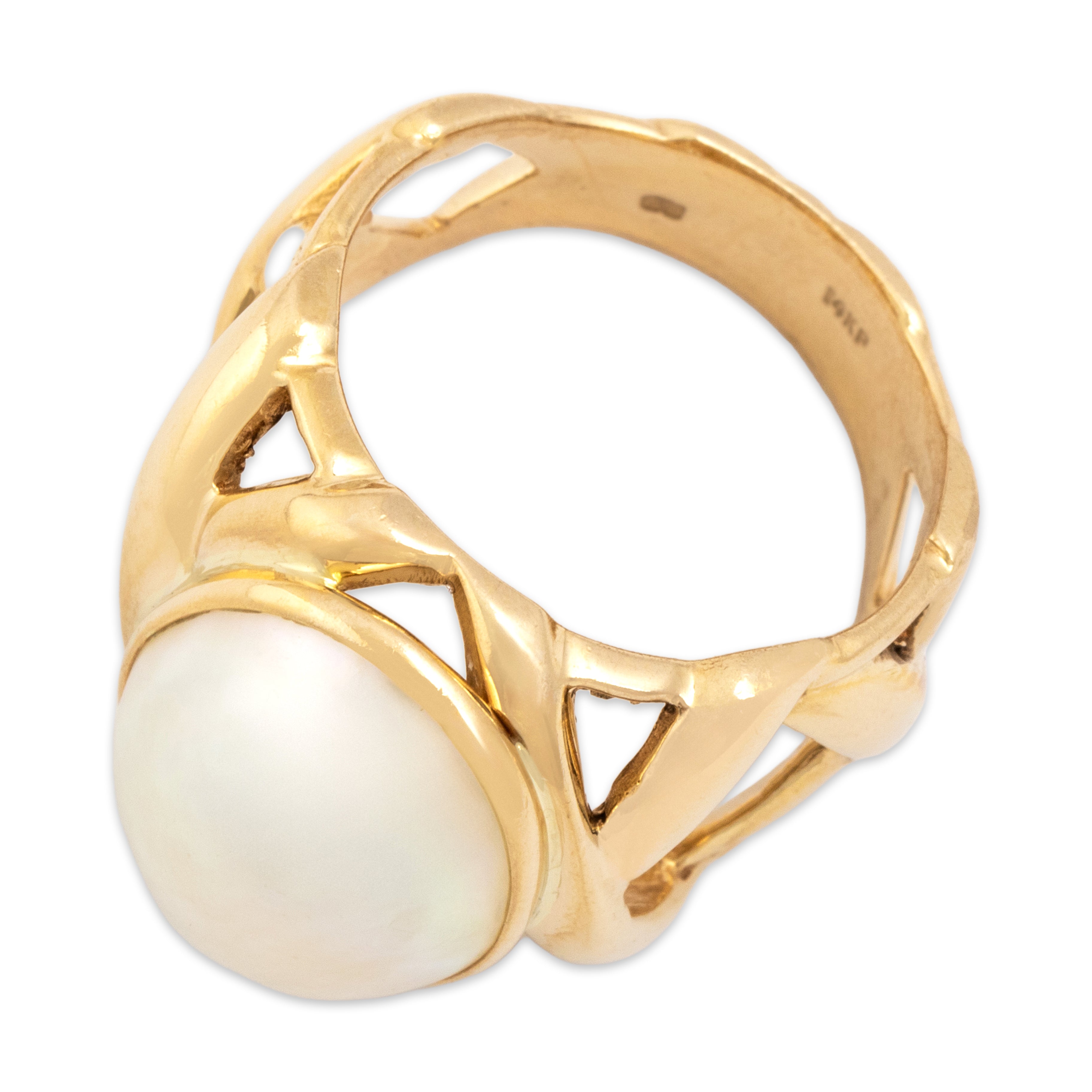 Vintage 14k Yellow Gold Mabé Pearl Bold X Detail Openwork Ring - Overall view