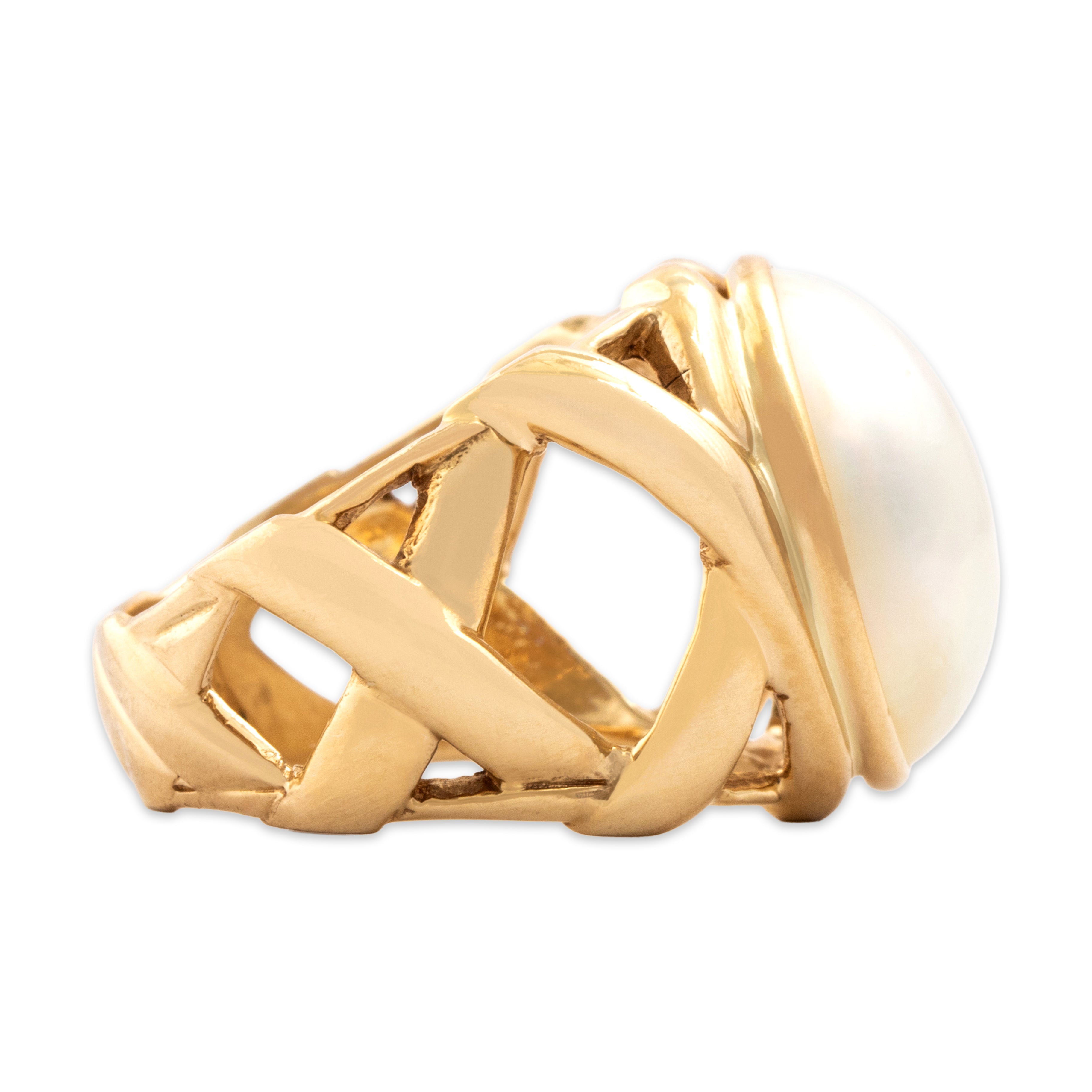Vintage 14k Yellow Gold Mabé Pearl Bold X Detail Openwork Ring - Side view