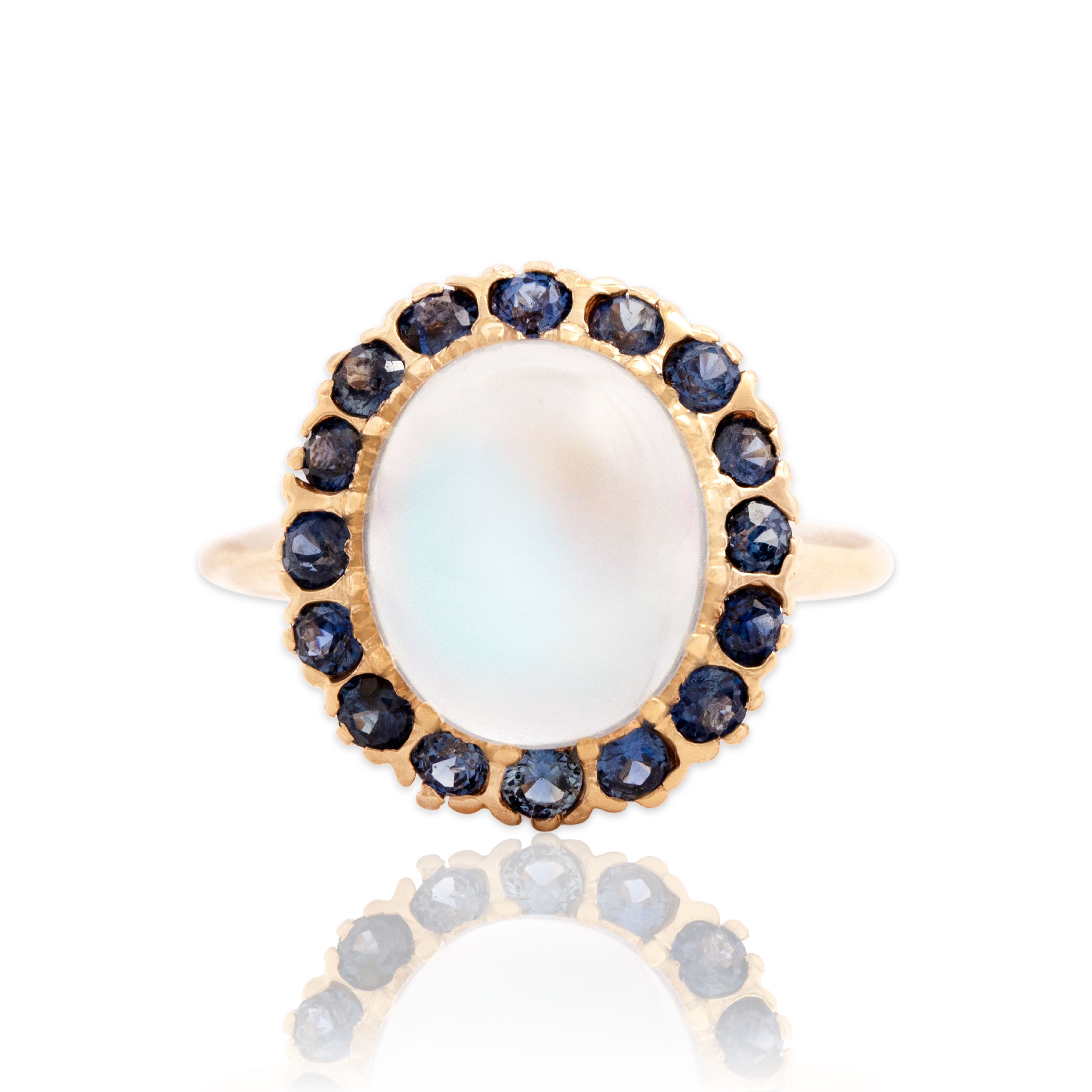 Vintage 14k Yellow Gold 4.37ct Moonstone .64cttw Blue Sapphire Halo Ring 8.00