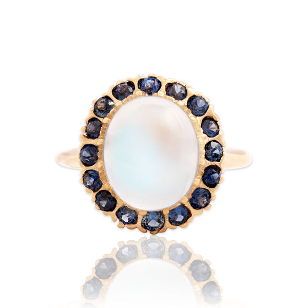 Vintage 14k Yellow Gold 4.37ct Moonstone .64cttw Blue Sapphire Halo Ring 8.00