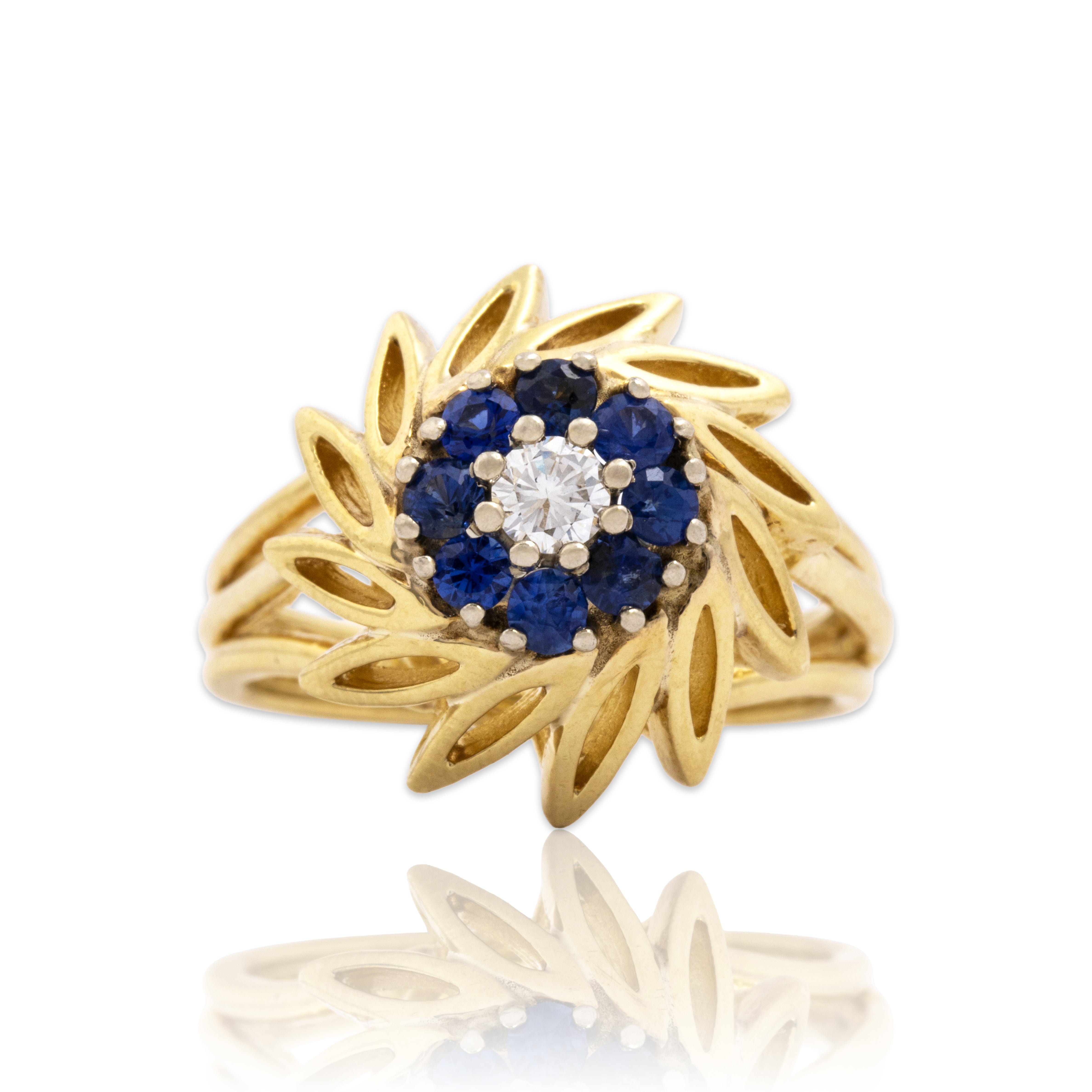 Vintage 14k Yellow Gold Blue Sapphire Diamond Dynamic Swirling Pinwheel Ring - Close-up view