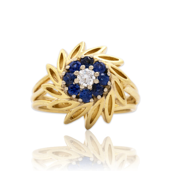 Vintage 14k Yellow Gold Blue Sapphire Diamond Dynamic Swirling Pinwheel Ring 6.00