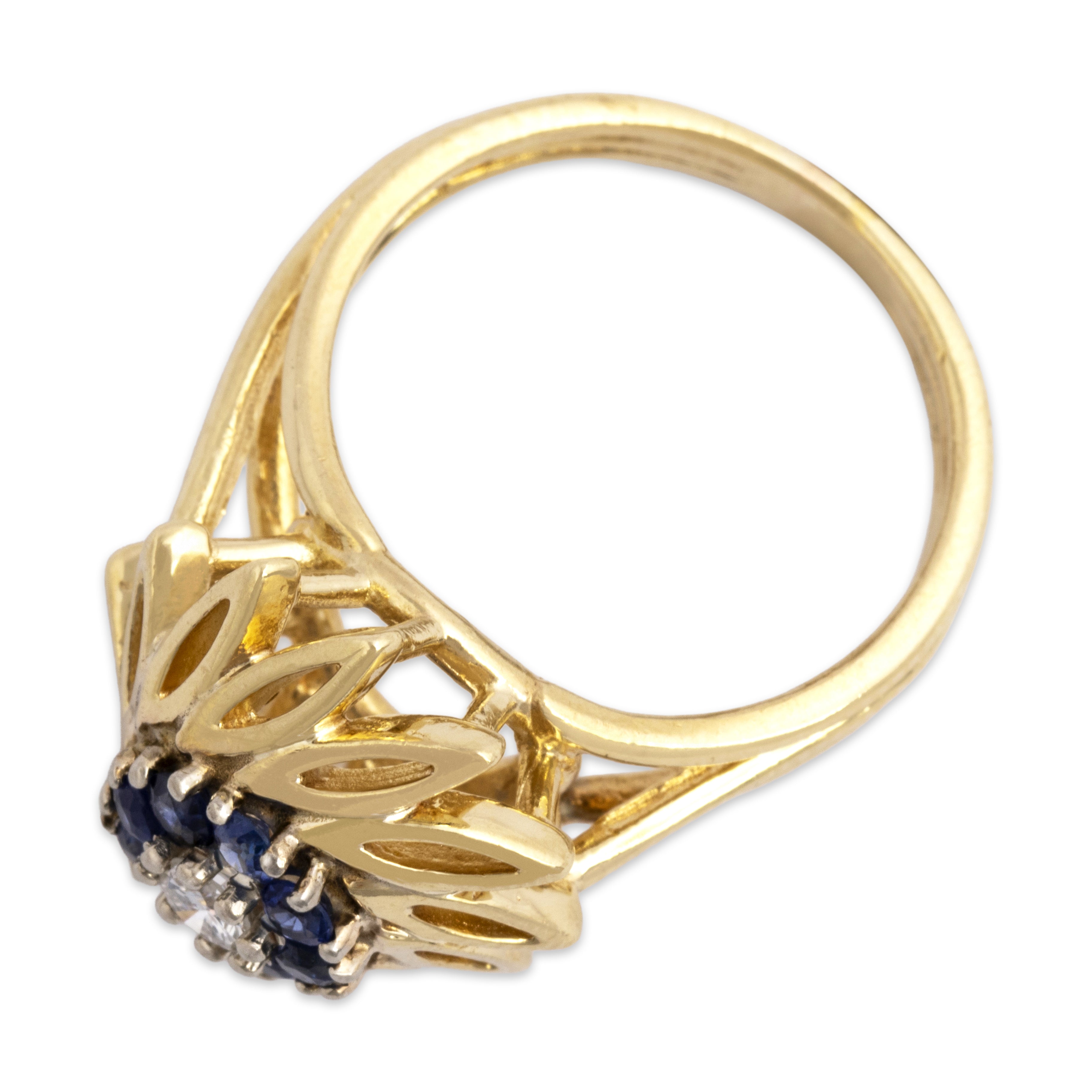 Vintage 14k Yellow Gold Blue Sapphire Diamond Dynamic Swirling Pinwheel Ring - Overall view