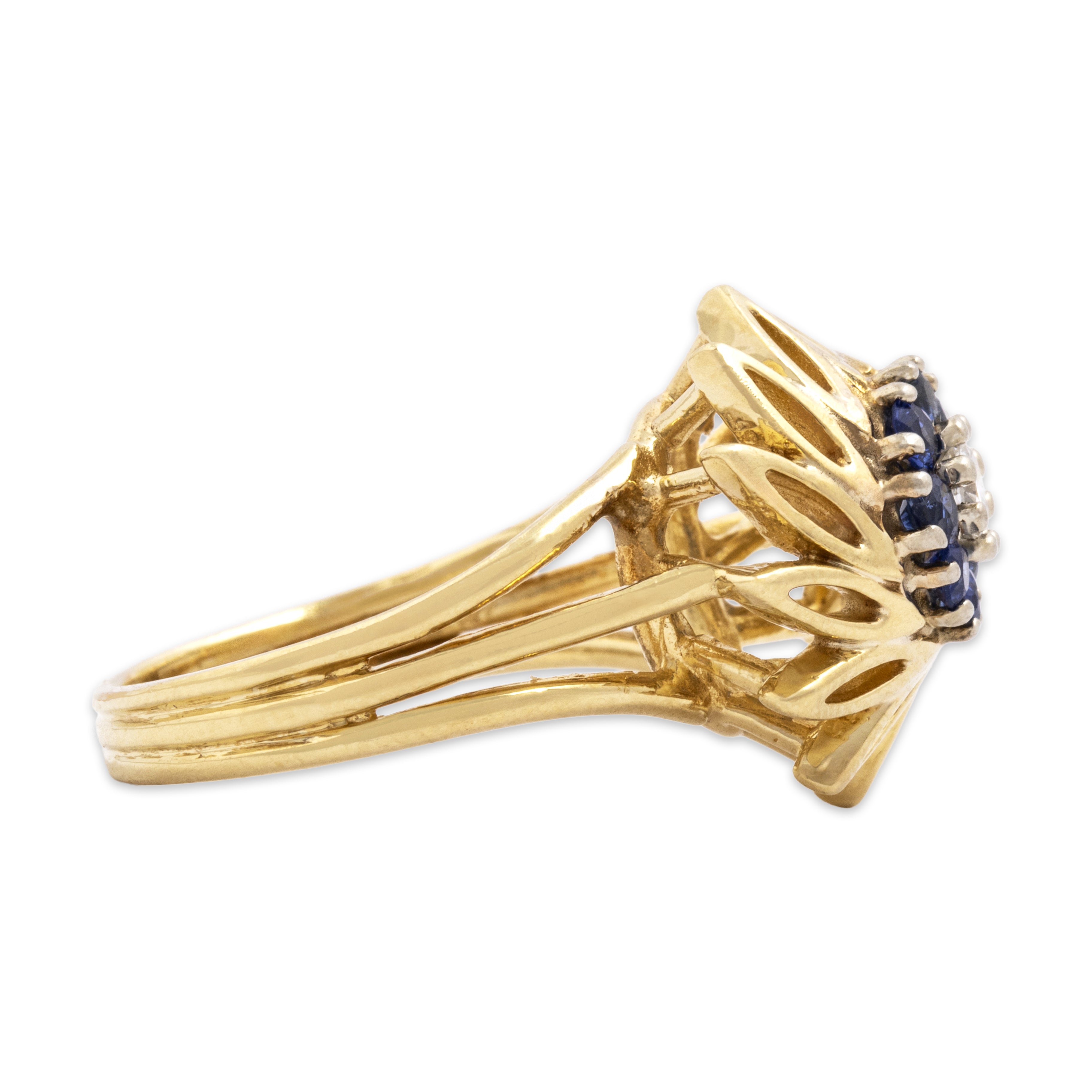 Vintage 14k Yellow Gold Blue Sapphire Diamond Dynamic Swirling Pinwheel Ring - Side view