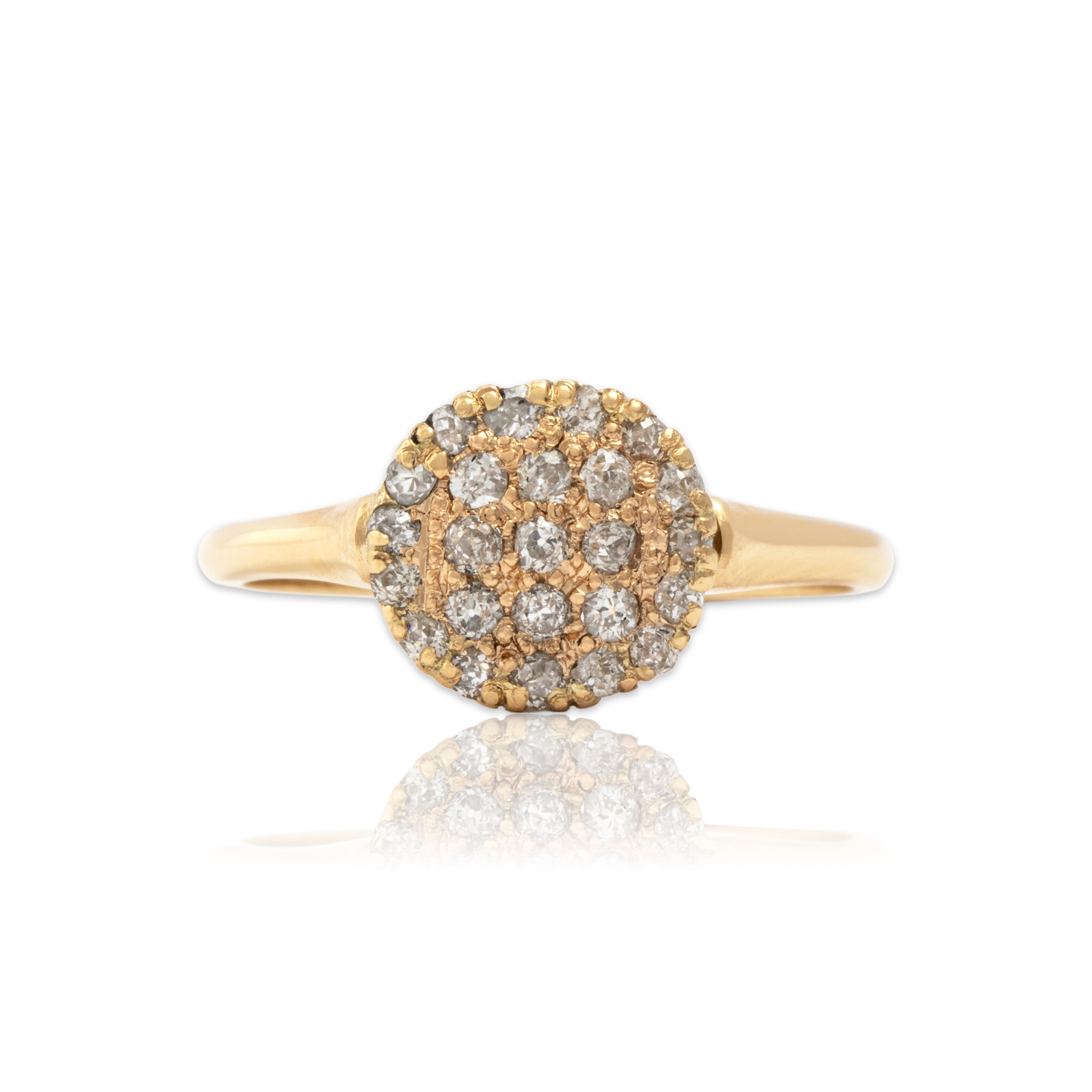 Antique 14k Rosy Yellow Gold Old Mine Cut Diamond Cluster Disc Ring - Close-up view