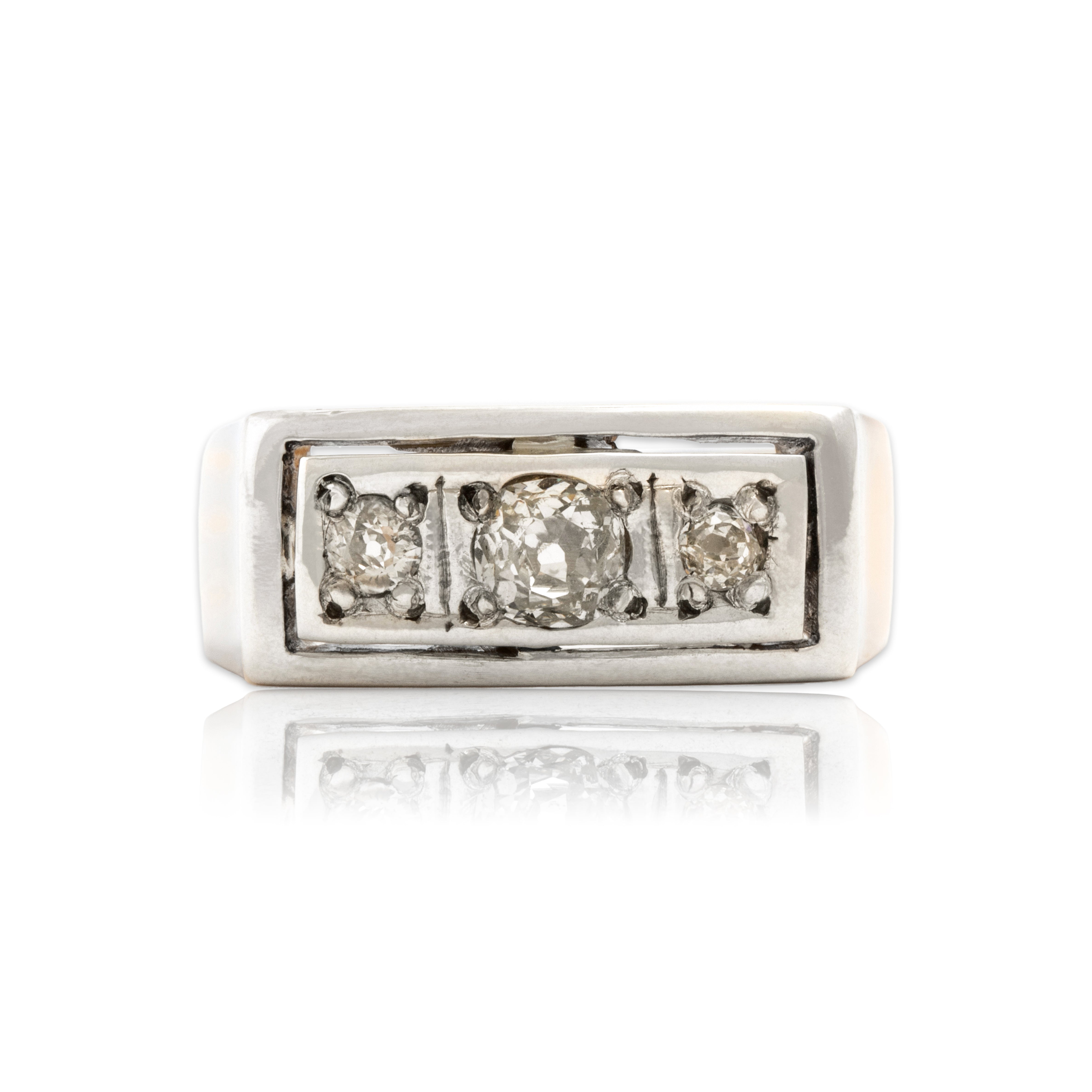 Antique 18k Rosy Yellow Gold Silver Old Mine Diamond Engraved Bar Trio Ring 8.00