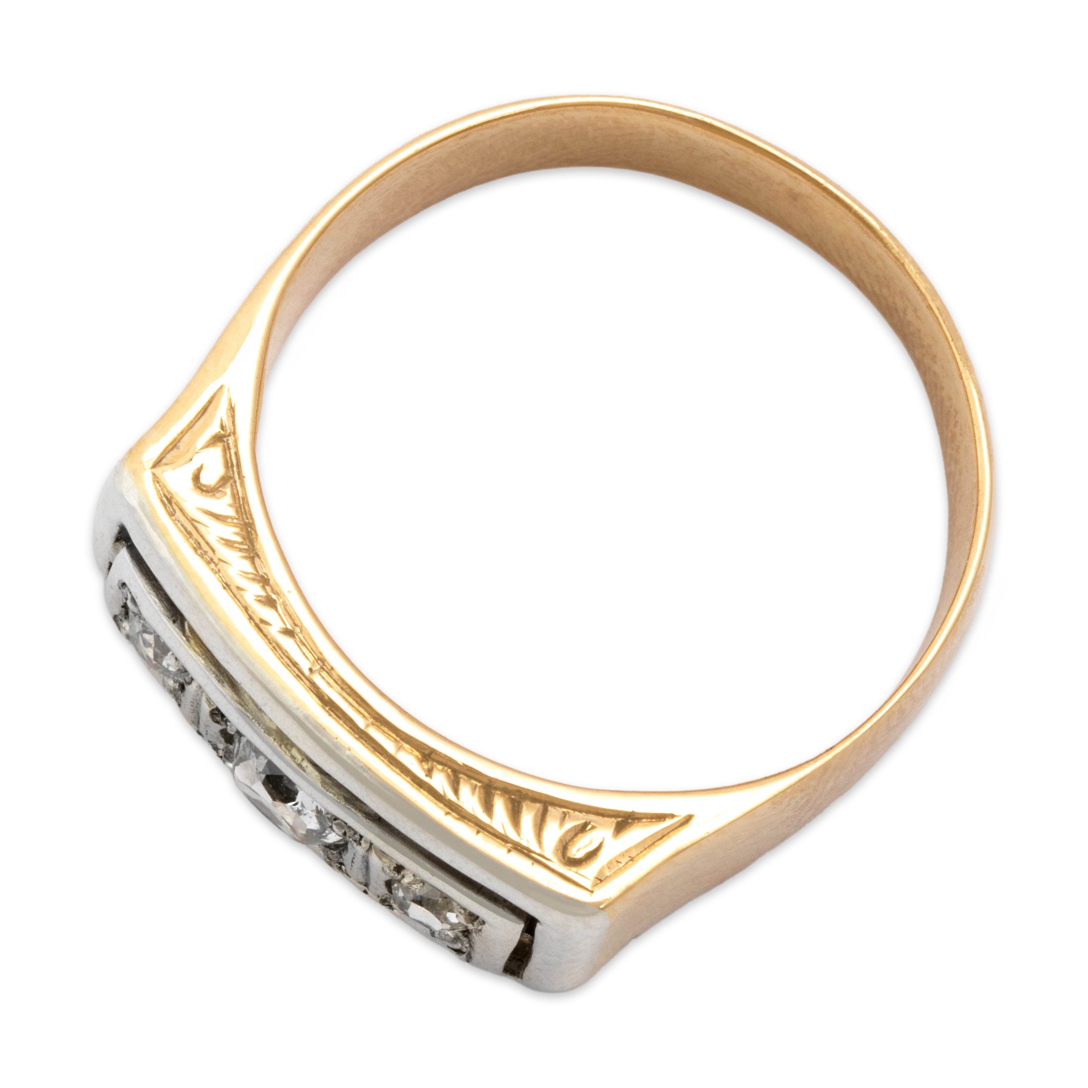 Antique 18k Rosy Yellow Gold Old Mine Cut Diamond Engraved Bar Trio Ring - Overall view
