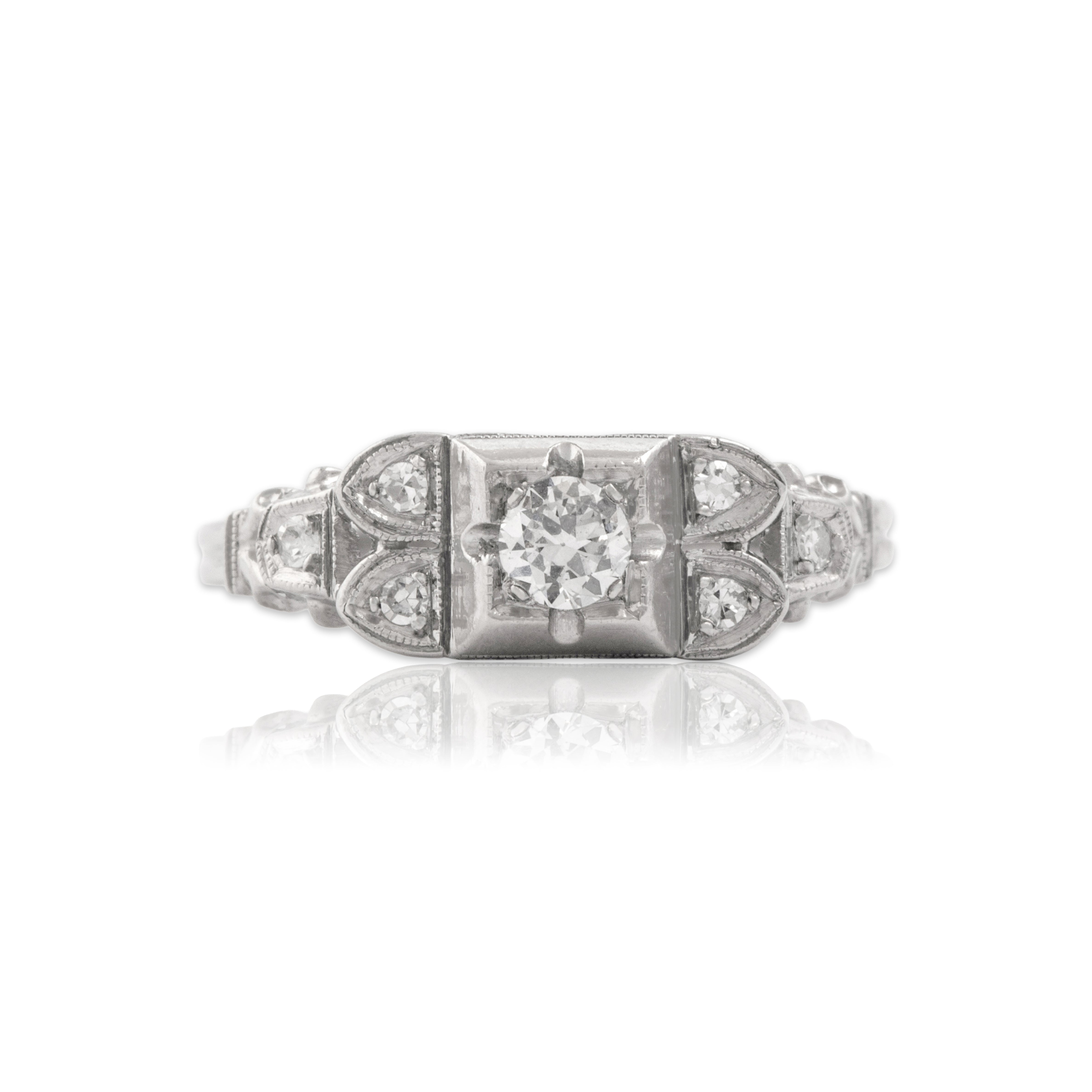 Antique Art Deco Platinum Diamond Stunning Geometric Milgrain Ring - Close-up view