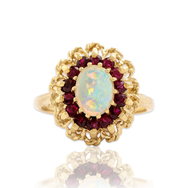 Vintage 14k Yellow Gold Opal Ruby Luminous Cable Halo Ring 6.25