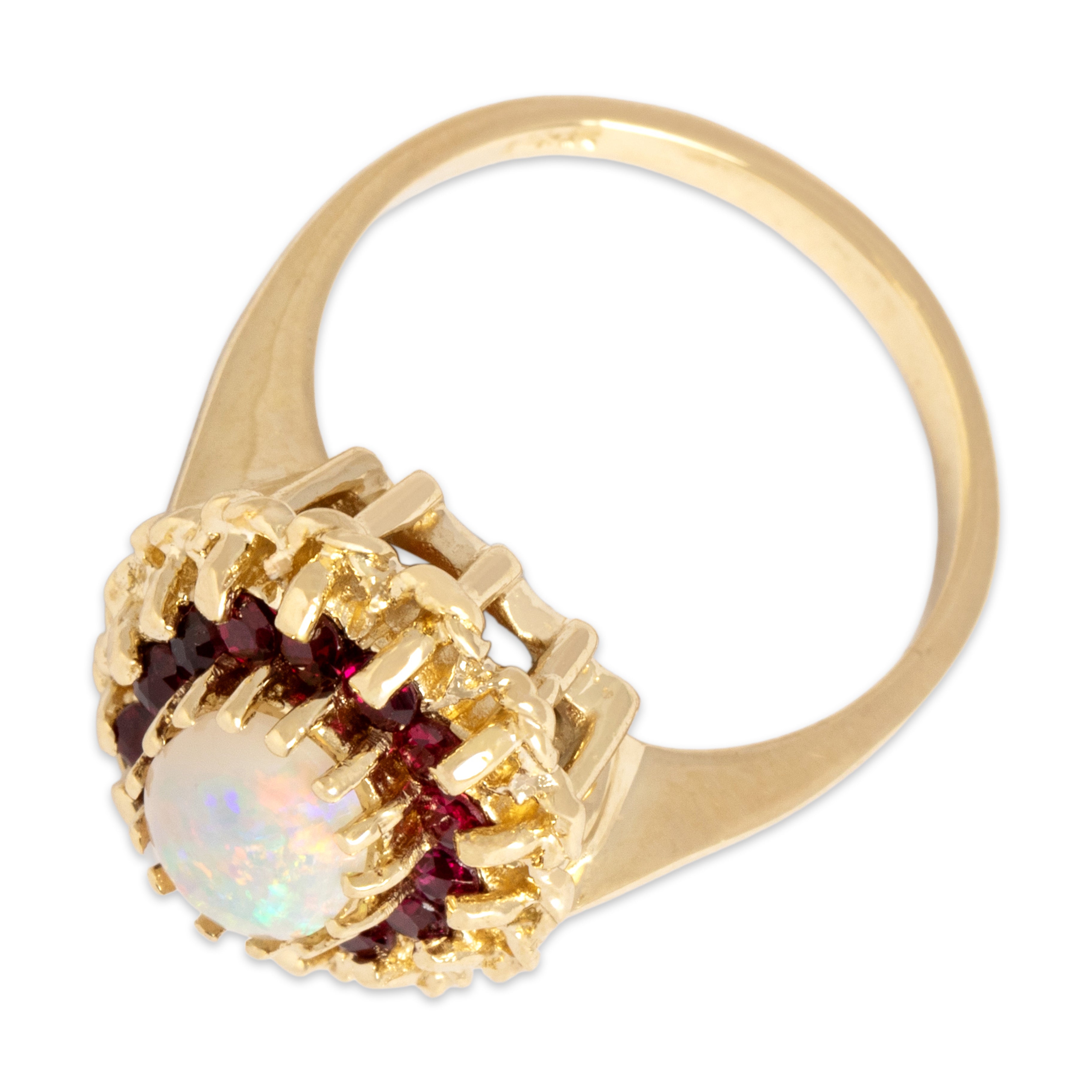 Vintage 14k Yellow Gold Ruby Opal Luminous Oval Halo Ring - Overall view
