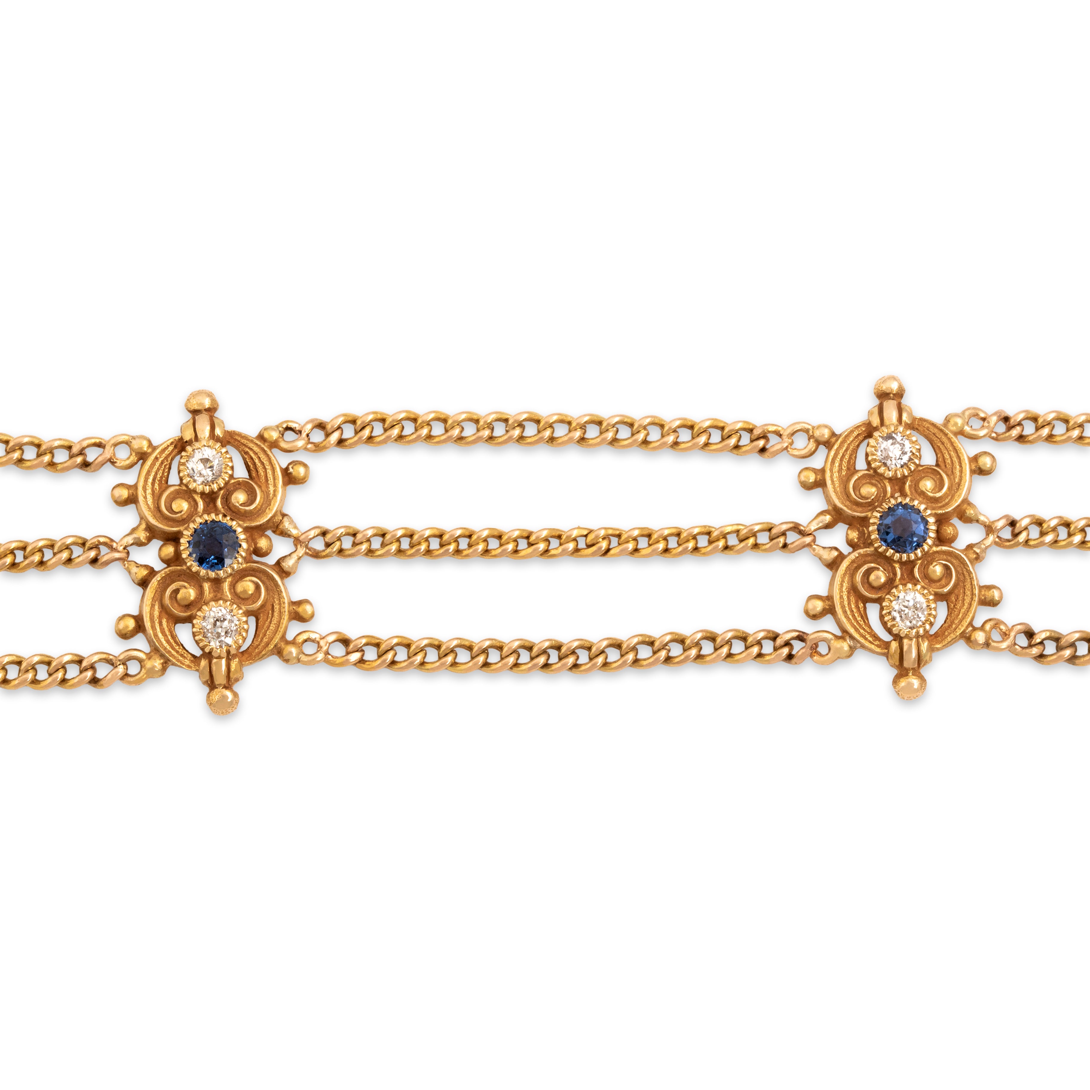 Vintage 14k Yellow Gold .62cttw Blue Synthetic Sapphire .53cttw Old Mine Cut Diamond Ornate Scroll Trio Triple Strand Bracelet - detail view #1