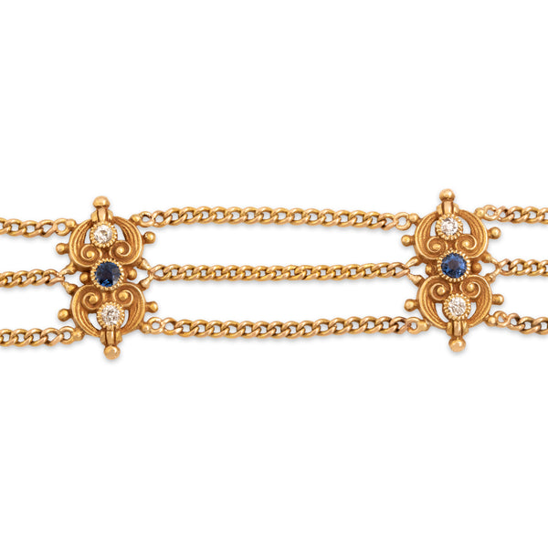 Vintage 14k Yellow Gold Synthetic Sapphire Natural Old Mine Diamond Bracelet 7.75