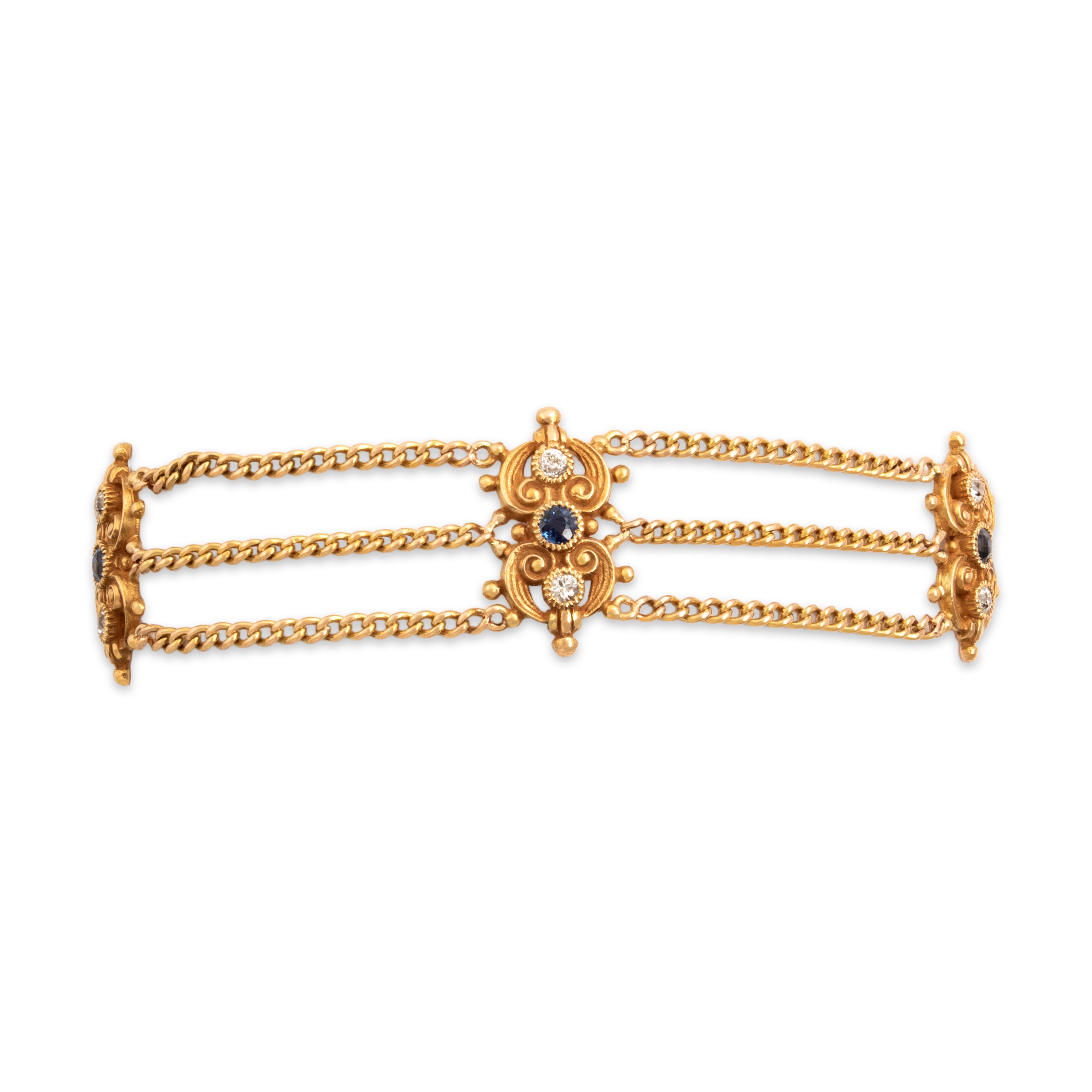 Vintage 14k Yellow Gold .62cttw Blue Synthetic Sapphire .53cttw Old Mine Cut Diamond Ornate Scroll Trio Triple Strand Bracelet - Close-up view