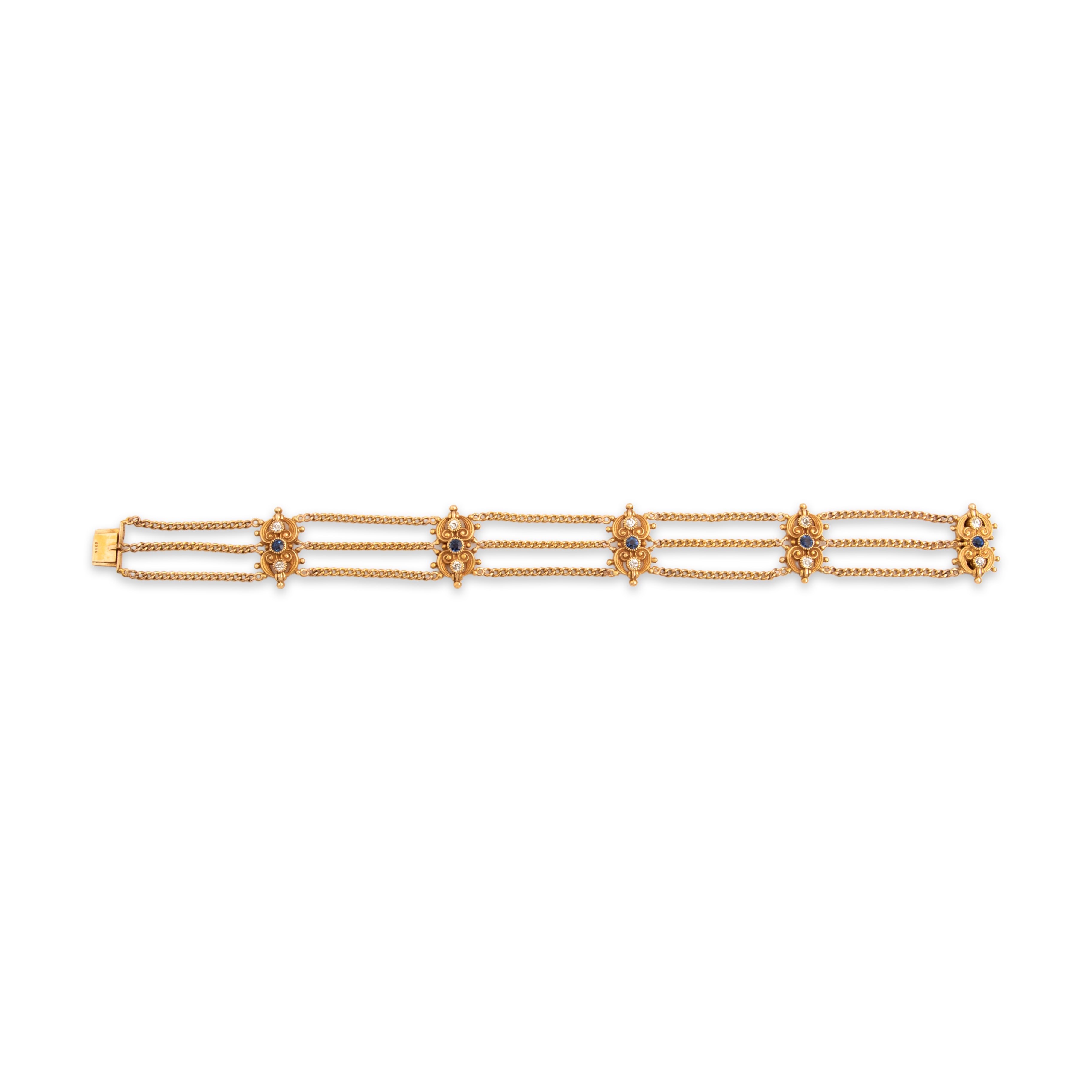 Vintage 14k Yellow Gold .62cttw Blue Synthetic Sapphire .53cttw Old Mine Cut Diamond Ornate Scroll Trio Triple Strand Bracelet - Overall view