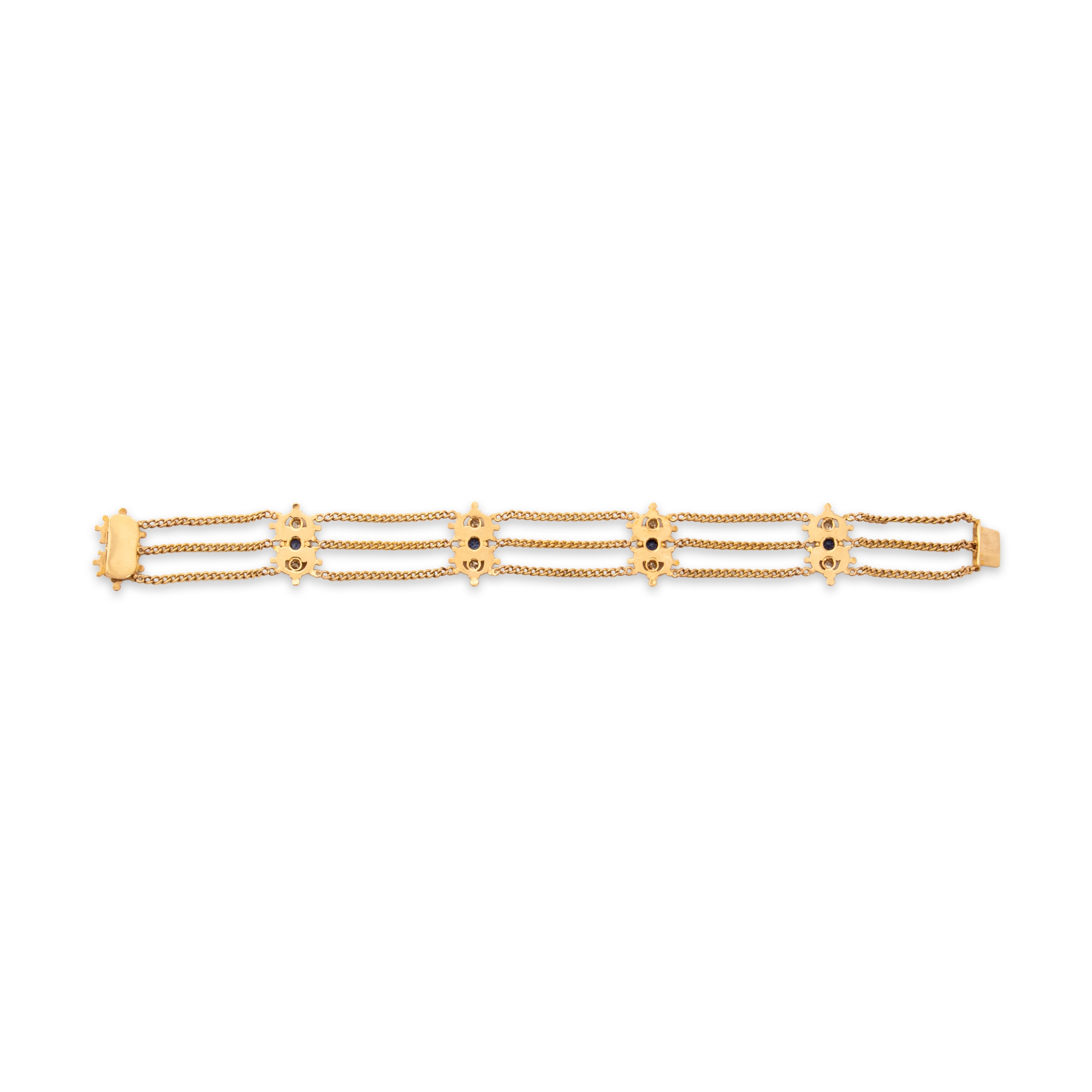 Vintage 14k Yellow Gold .62cttw Blue Synthetic Sapphire .53cttw Old Mine Cut Diamond Ornate Scroll Trio Triple Strand Bracelet - Back view