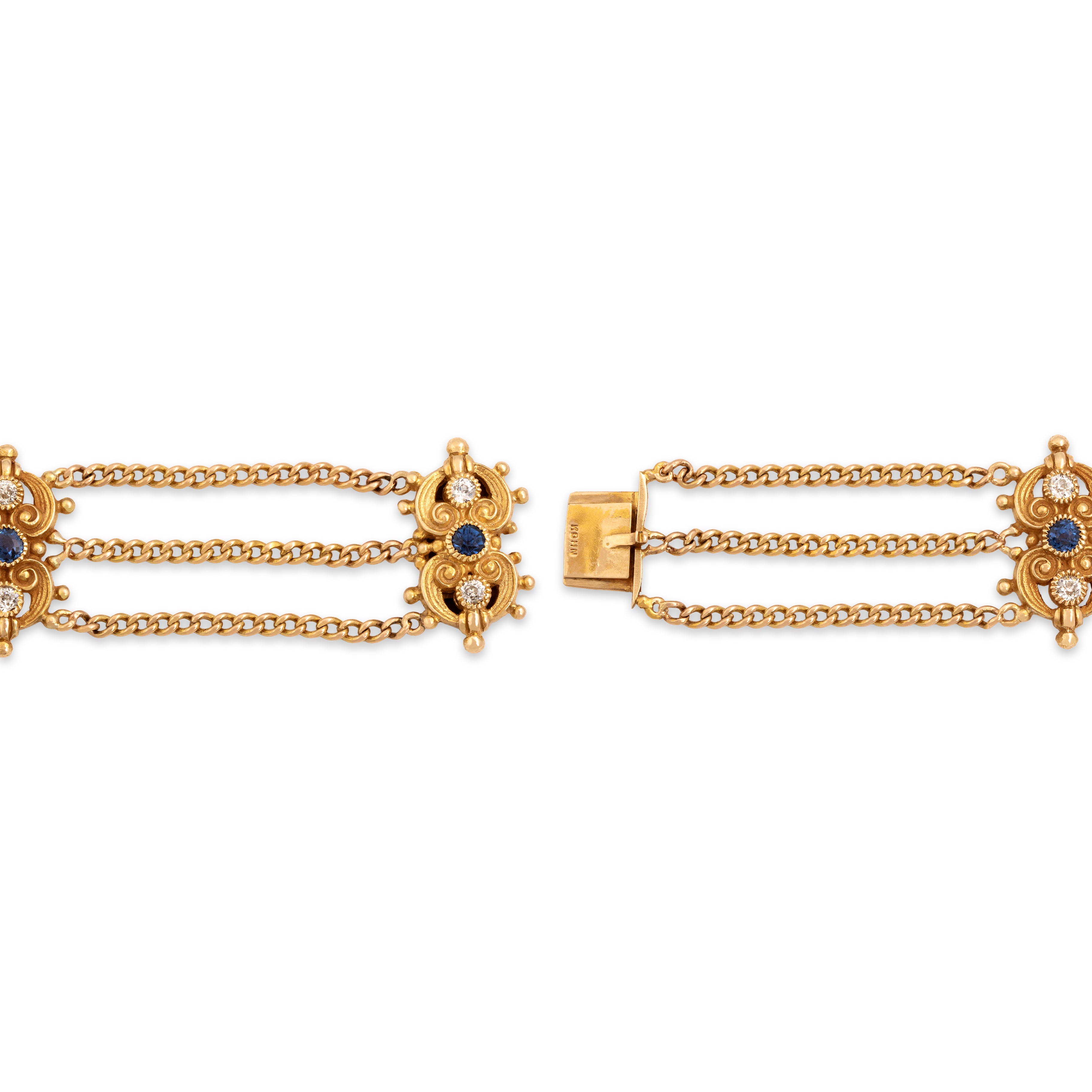Vintage 14k Yellow Gold .62cttw Blue Synthetic Sapphire .53cttw Old Mine Cut Diamond Ornate Scroll Trio Triple Strand Bracelet - clasp view