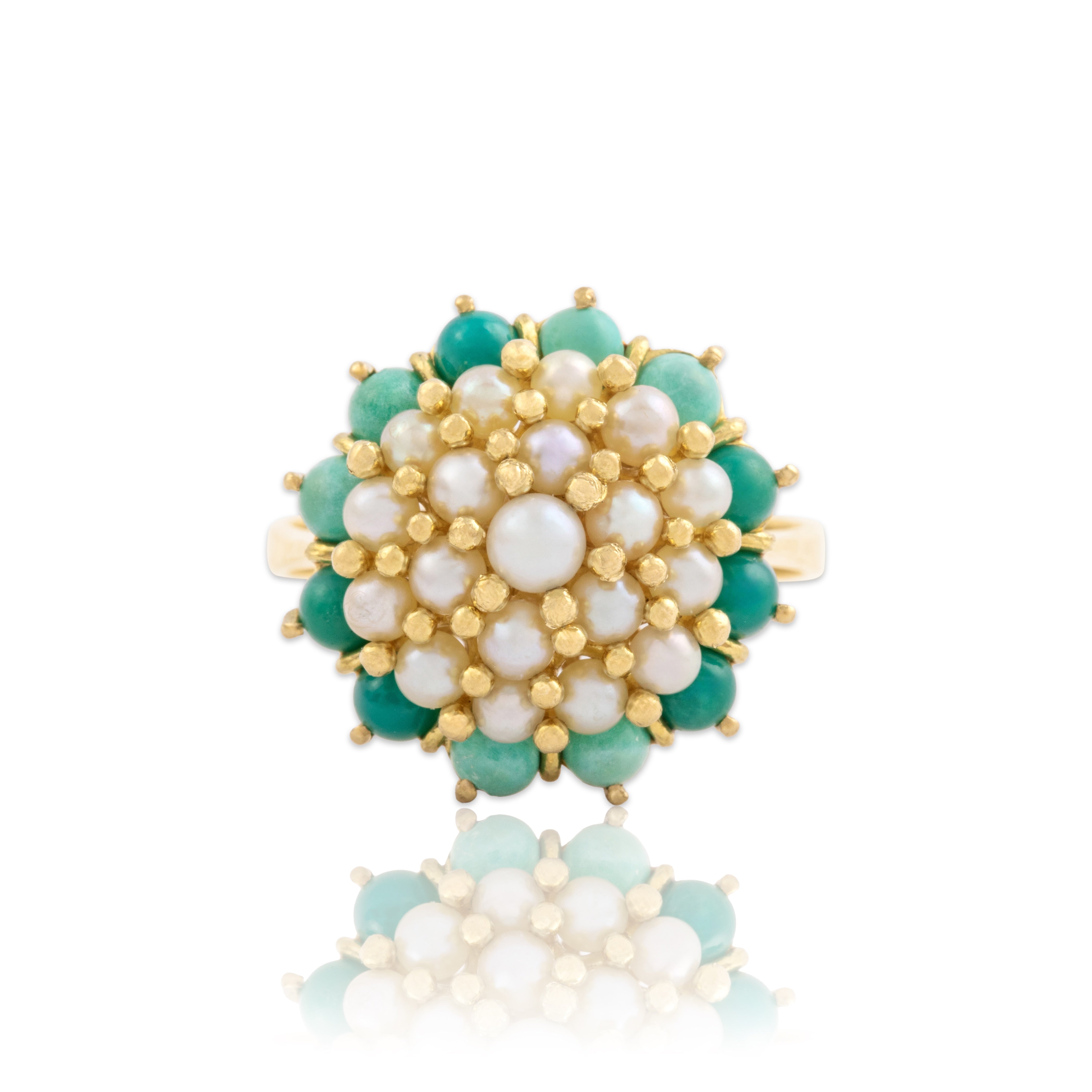 Vintage 18k Yellow Gold 1.47cttw Green Turquoise Pearl Luminous Cluster Ring 8.00