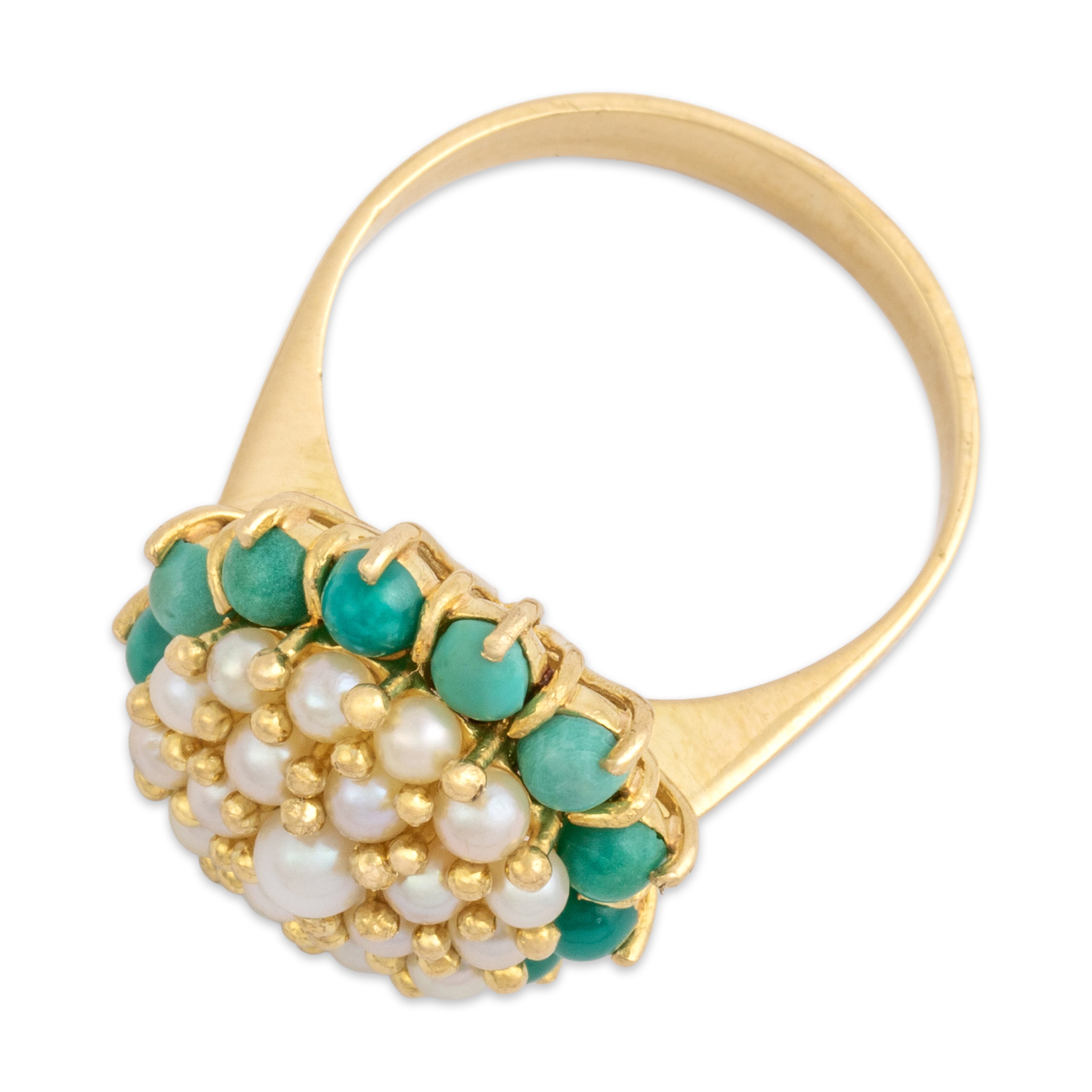 Vintage 18k Yellow Gold 1.47cttw Green Turquoise Pearl Luminous Cluster Ring - Overall view