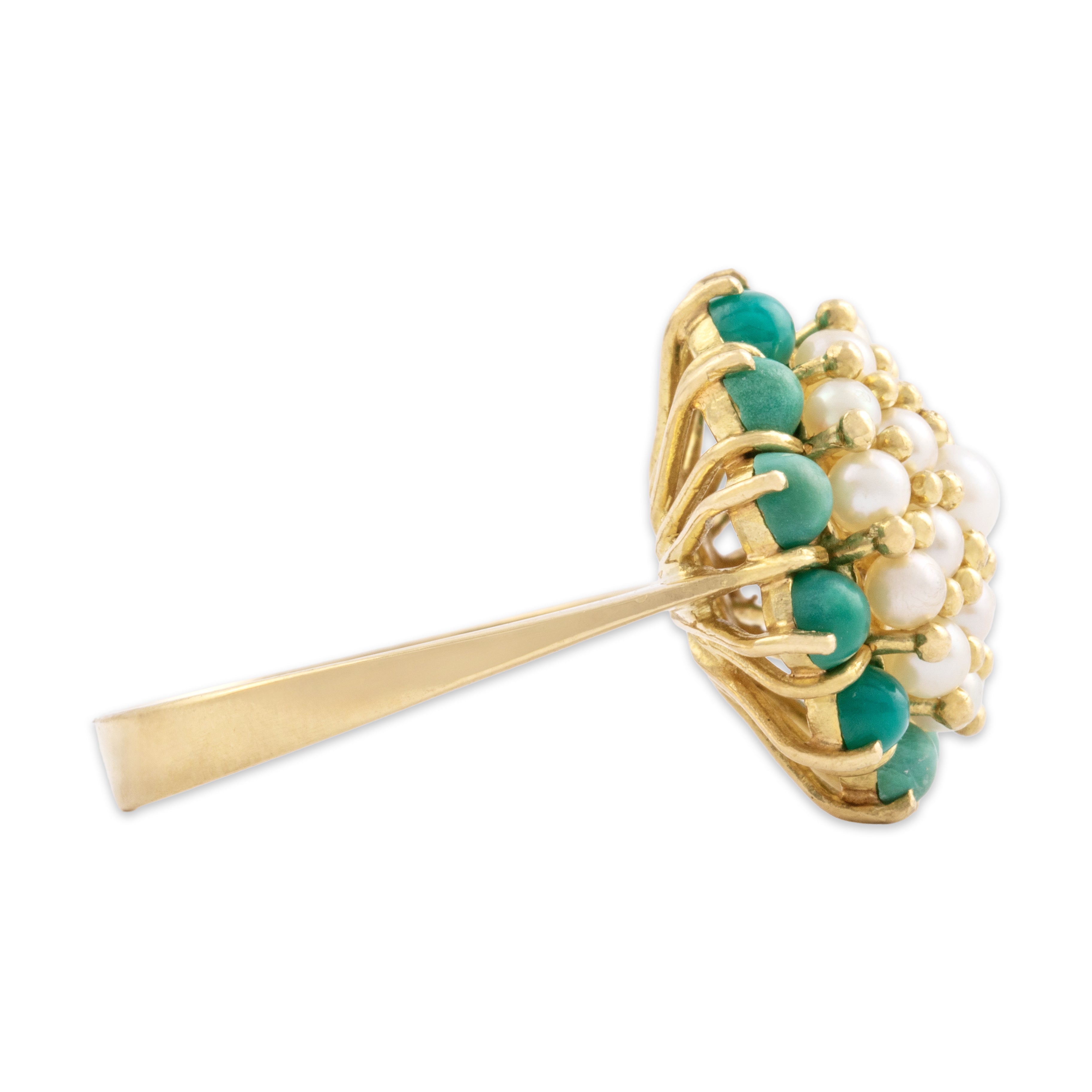 Vintage 18k Yellow Gold 1.47cttw Green Turquoise Pearl Luminous Cluster Ring - Side view