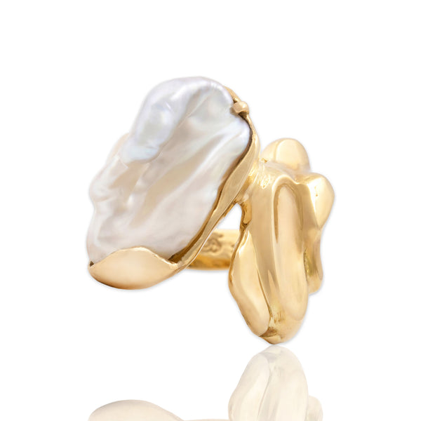 Vintage Substantial 14k Yellow Gold Baroque Pearl Abstract Organic Ring 5.25