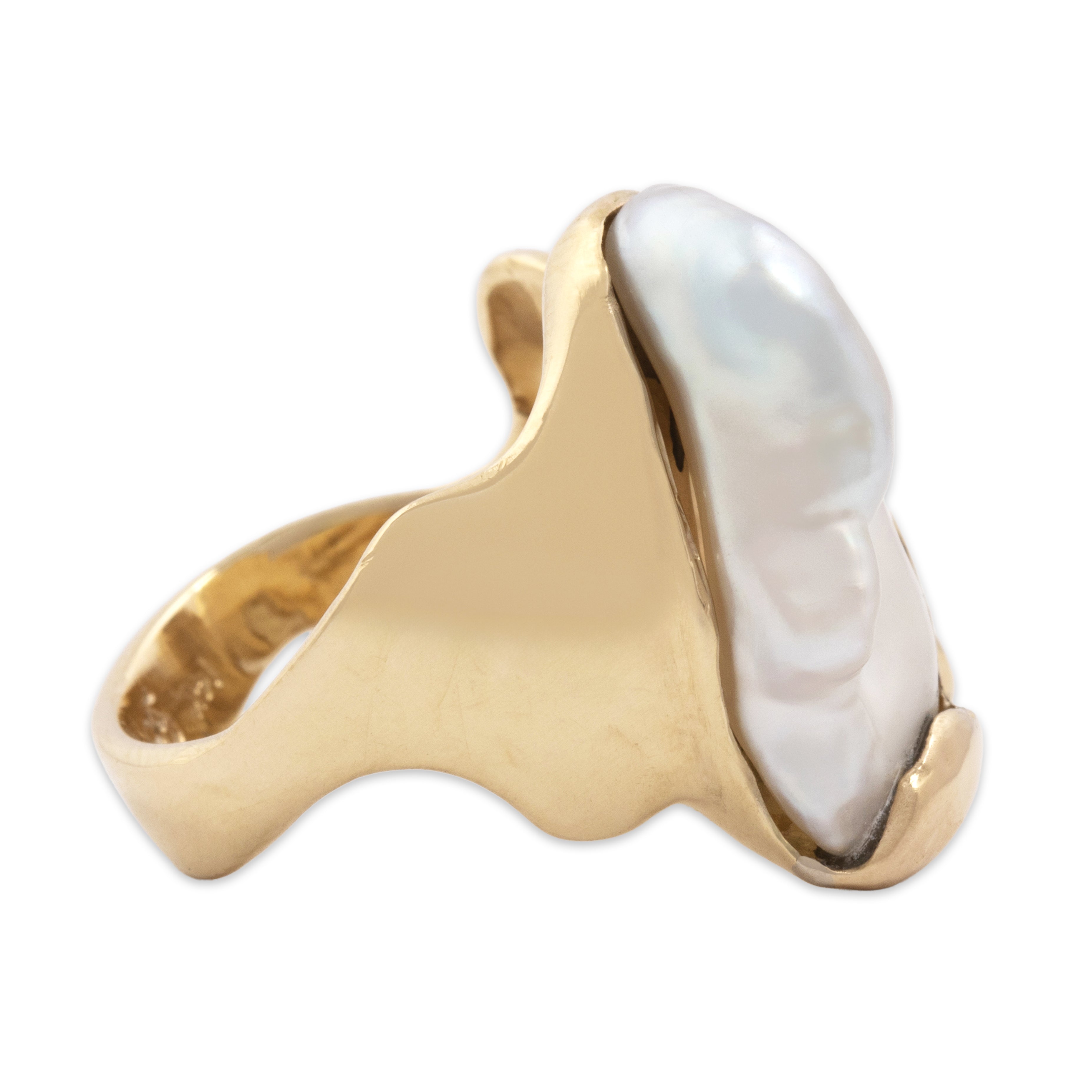 Vintage 14k Yellow Gold Baroque Pearl Abstract Organic Ring - Side view