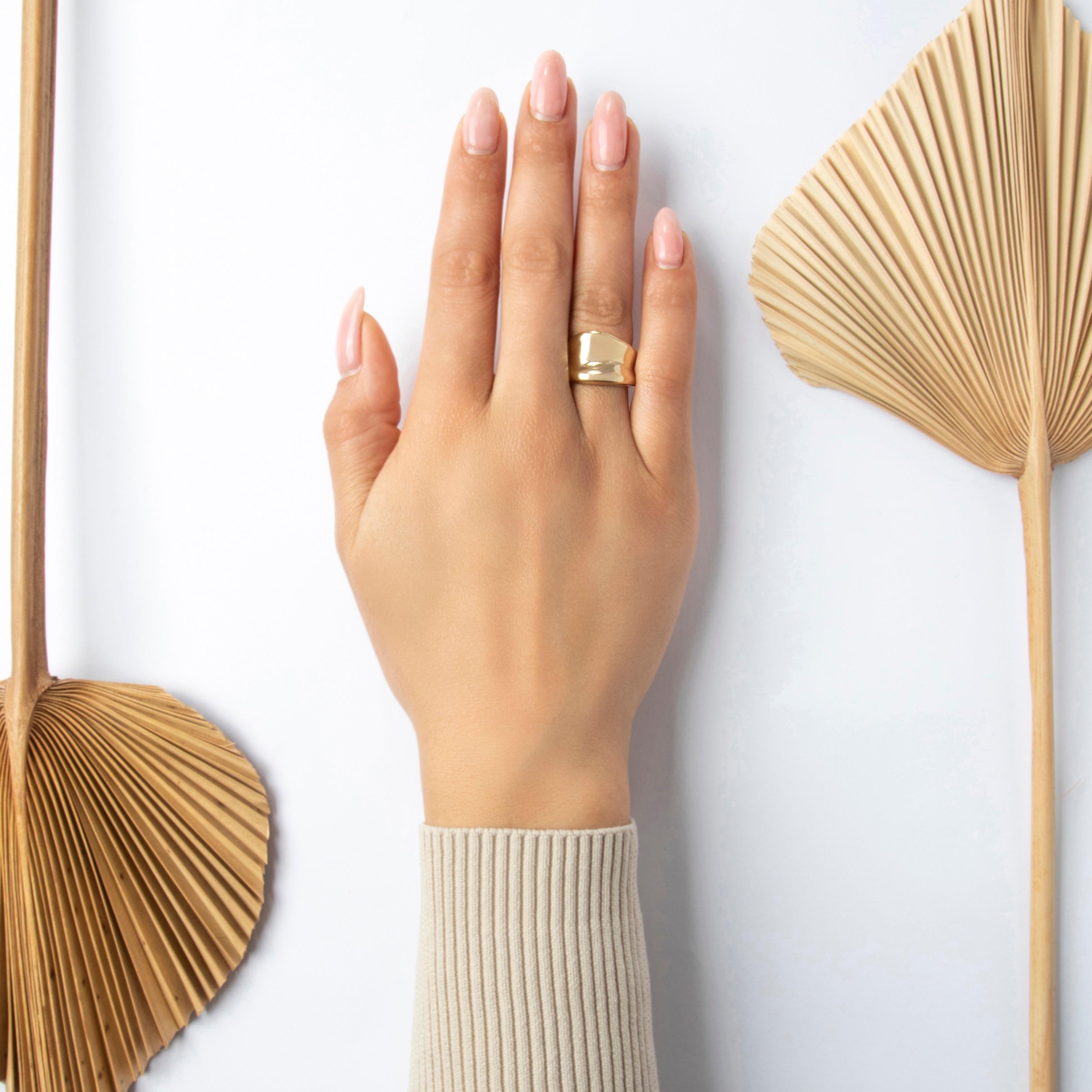 Vintage Heavy 14k Yellow Gold Gleaming Sculptural Ring - On model view