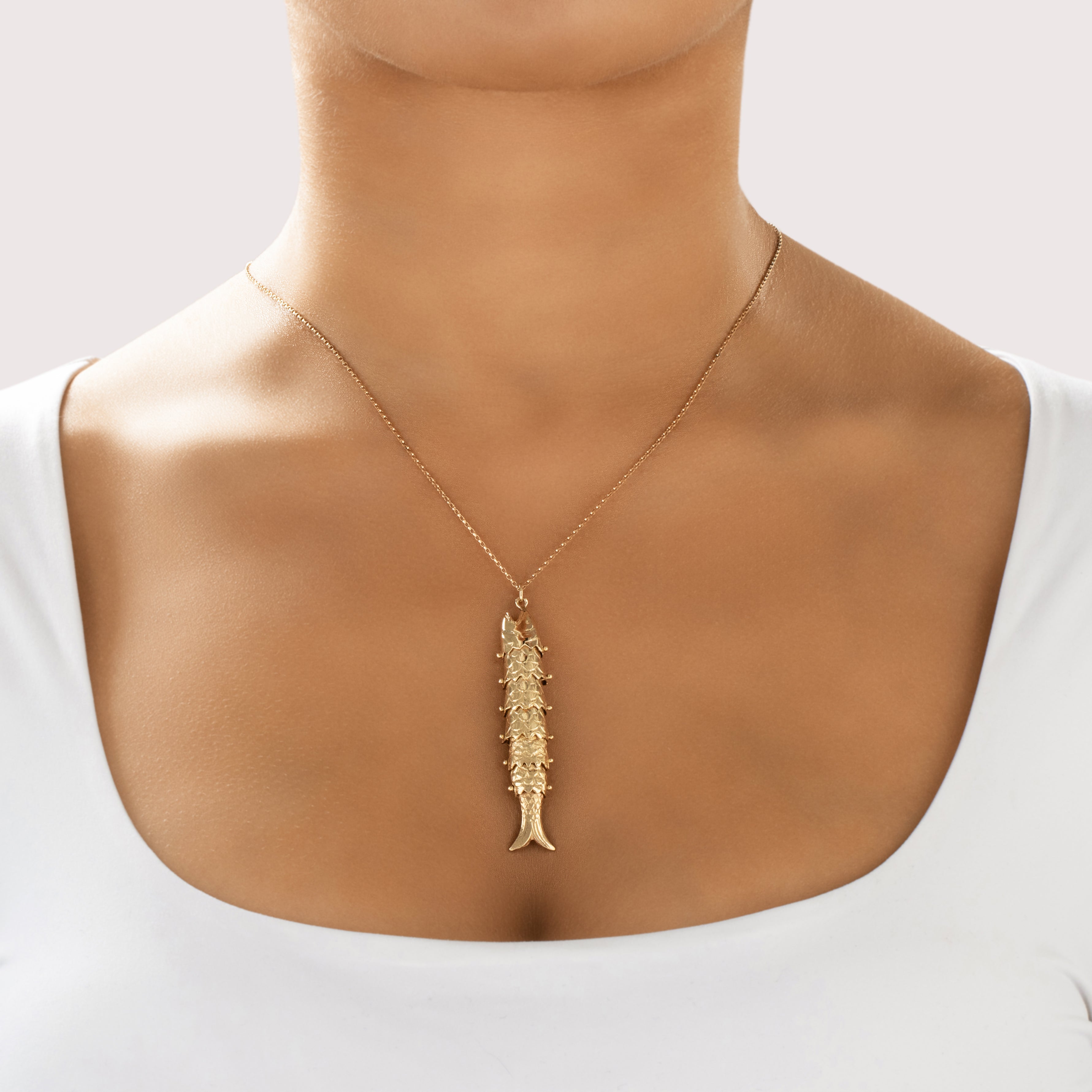 Vintage 14k Yellow Gold Delightful Oversized Articulated Fish Charm / Pendant - On model view
