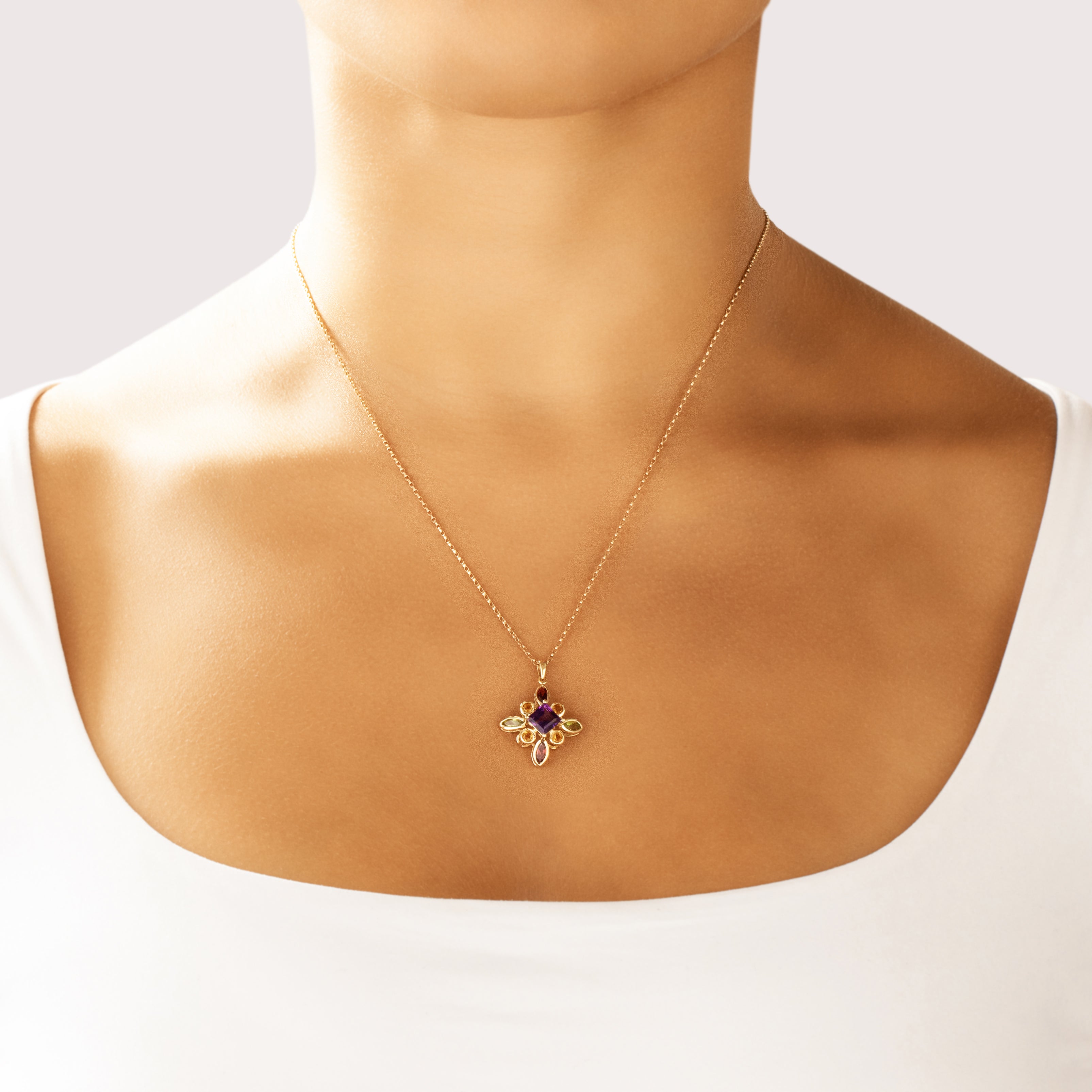 Vintage 14k Yellow Gold 1.07ct Amethyst Peridot Garnet Citrine Mixed-Cut Abstract Pendant - On model view