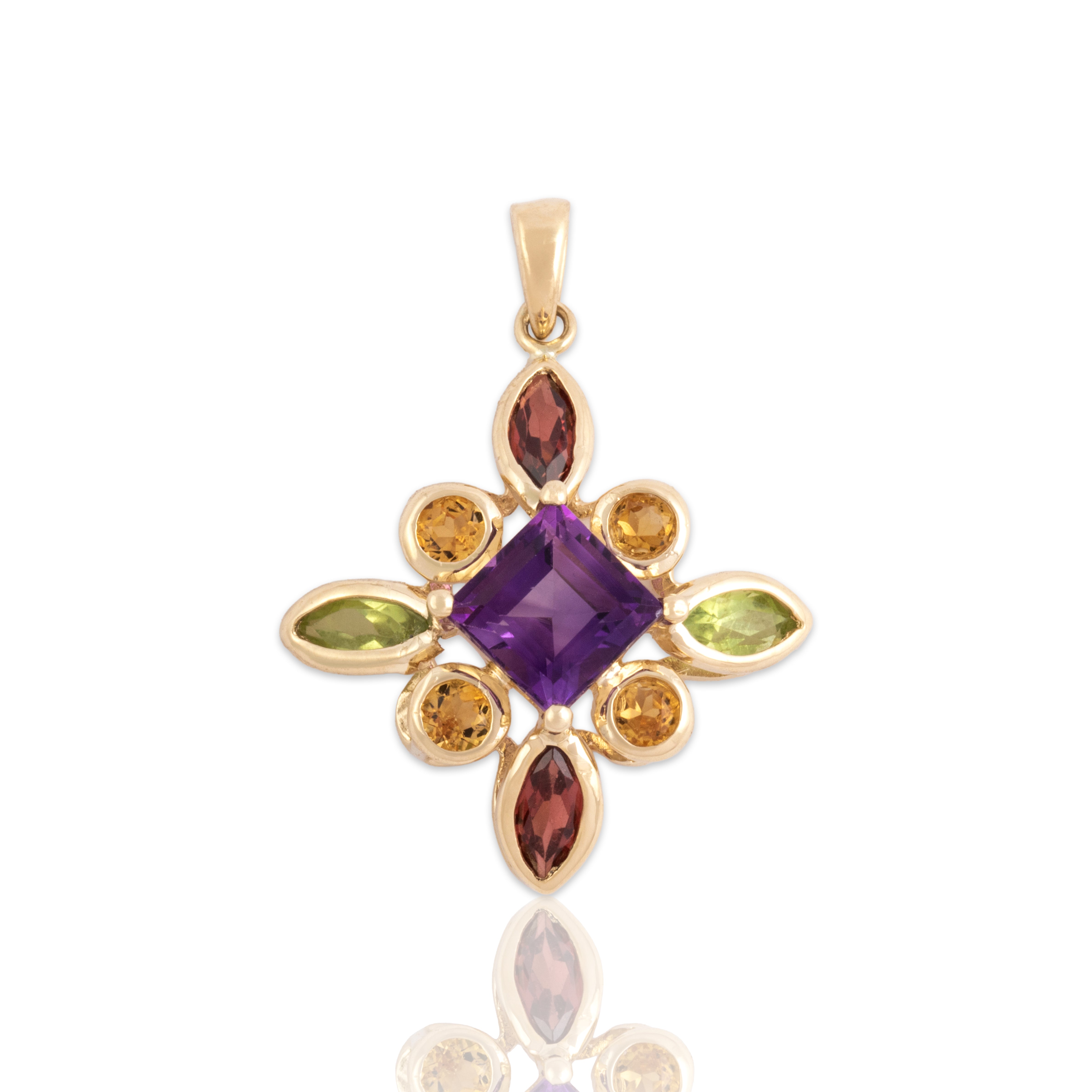 Vintage 14k Yellow Gold 1.07ct Amethyst Peridot Garnet Citrine Mixed-Cut Abstract Pendant - Close-up view