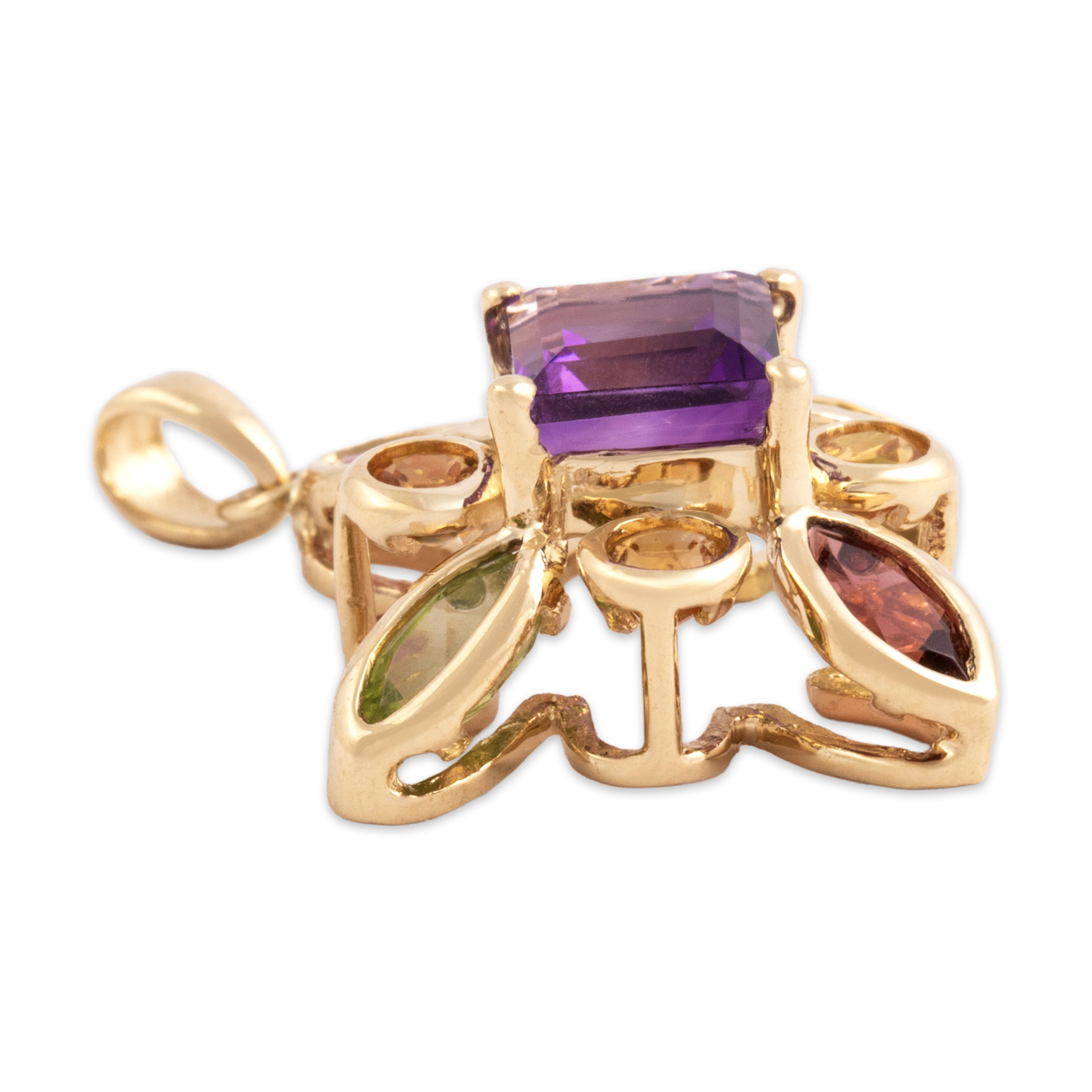 Vintage 14k Yellow Gold 1.07ct Amethyst Peridot Garnet Citrine Mixed-Cut Abstract Pendant - Side view