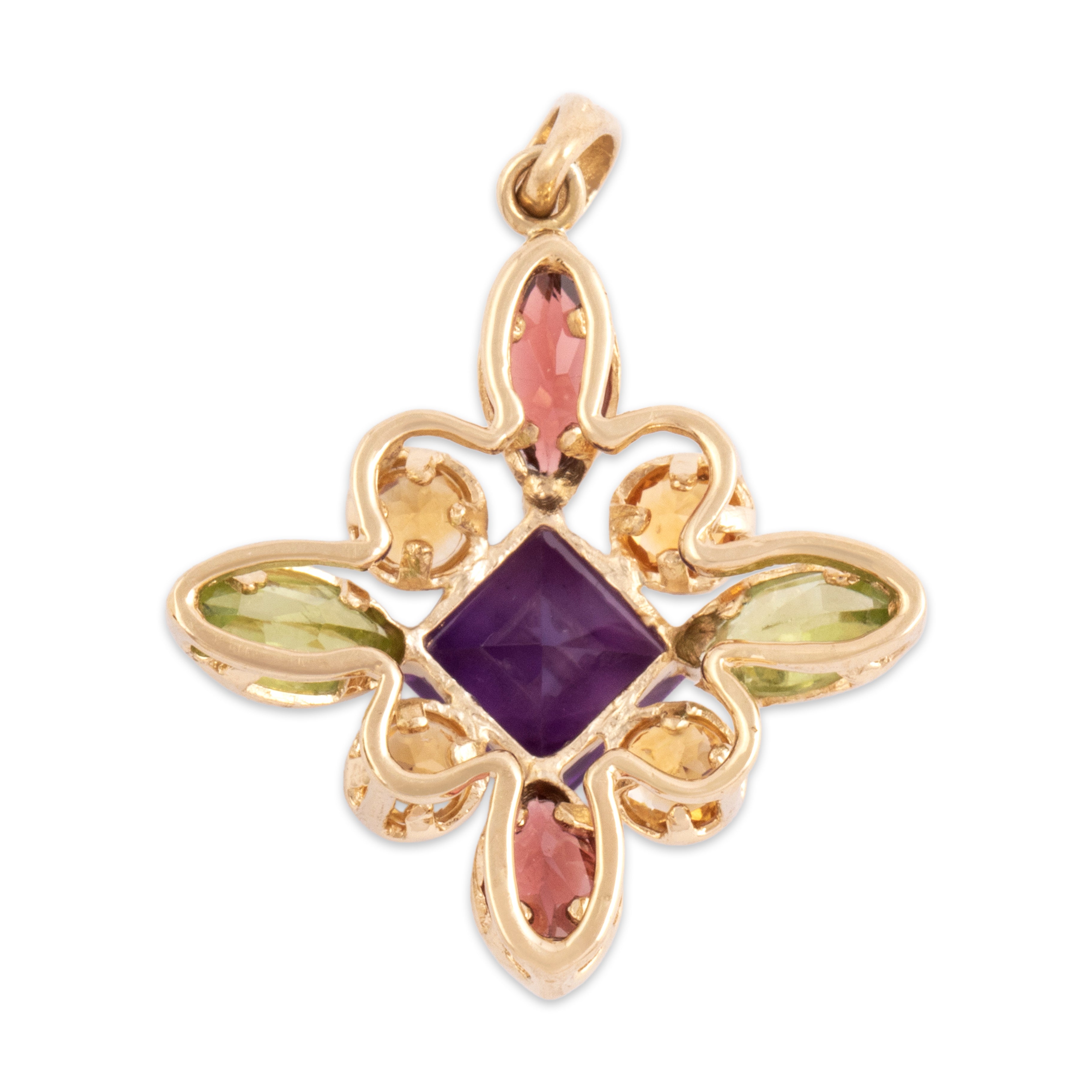 Vintage 14k Yellow Gold 1.07ct Amethyst Peridot Garnet Citrine Mixed-Cut Abstract Pendant - Back view