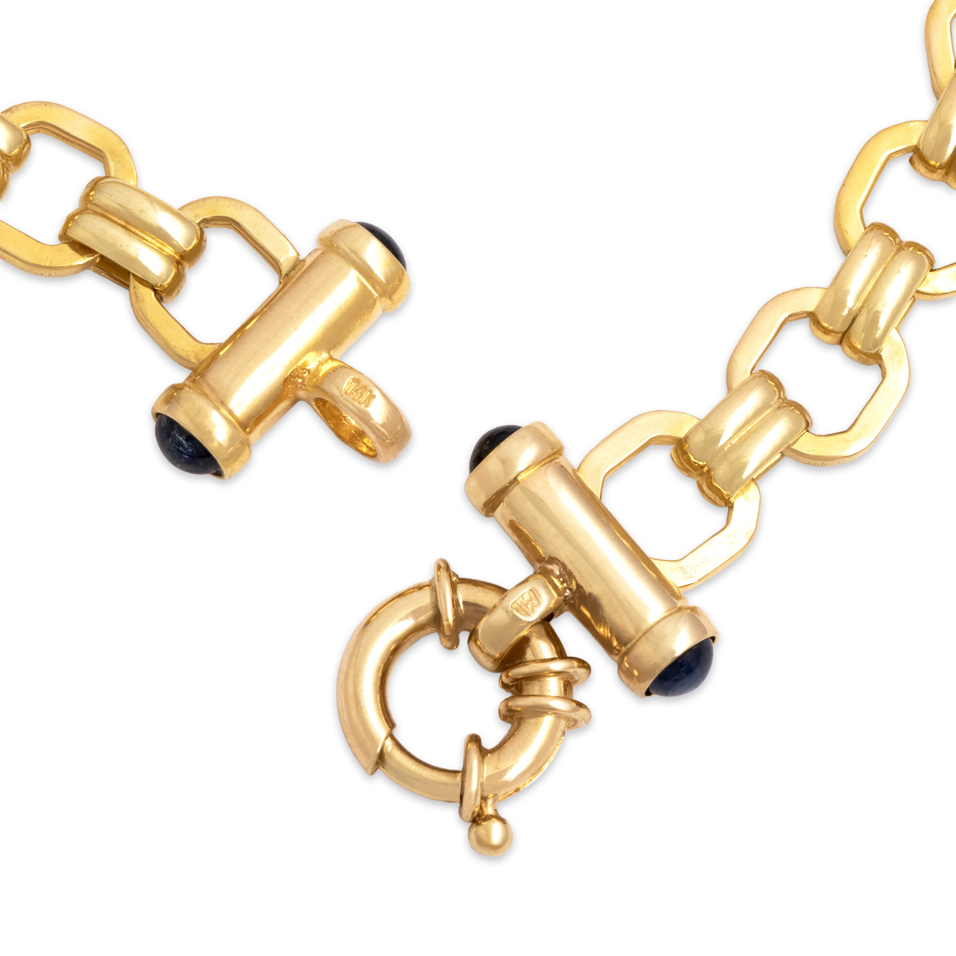 Vintage Italian 14k Yellow Gold 1.38cttw Blue Sapphire Cabochon Toggle Square Link Bracelet - clasp view
