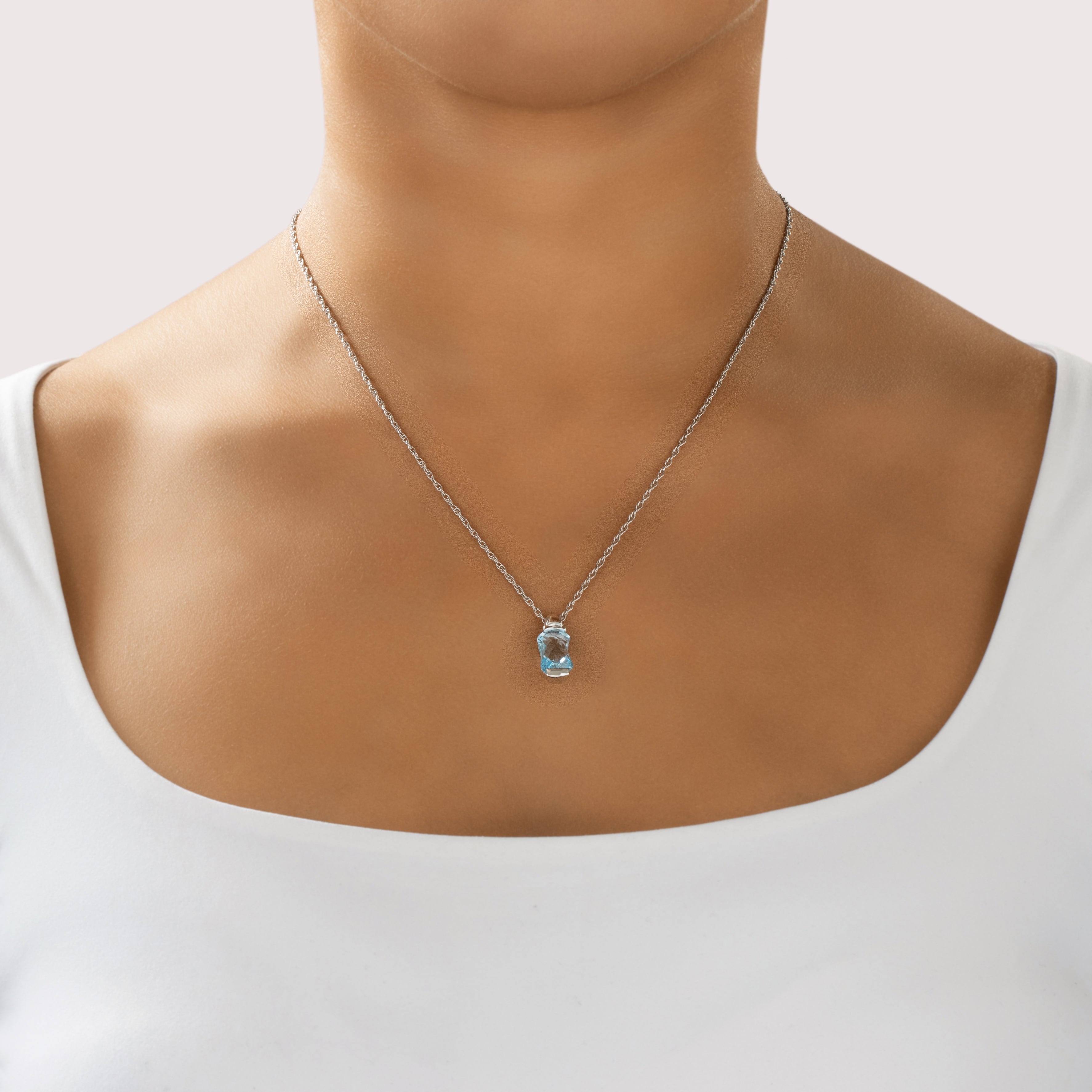 Vintage Italian 14k White Gold 3.48ct Blue Topaz Chic Checkerboard Hourglass Pendant - On model view