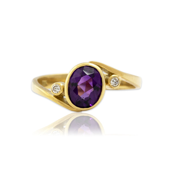 Vintage 18k Yellow Gold 1.06ct Amethyst Diamond Sleek Bezel Bypass Ring 8.25
