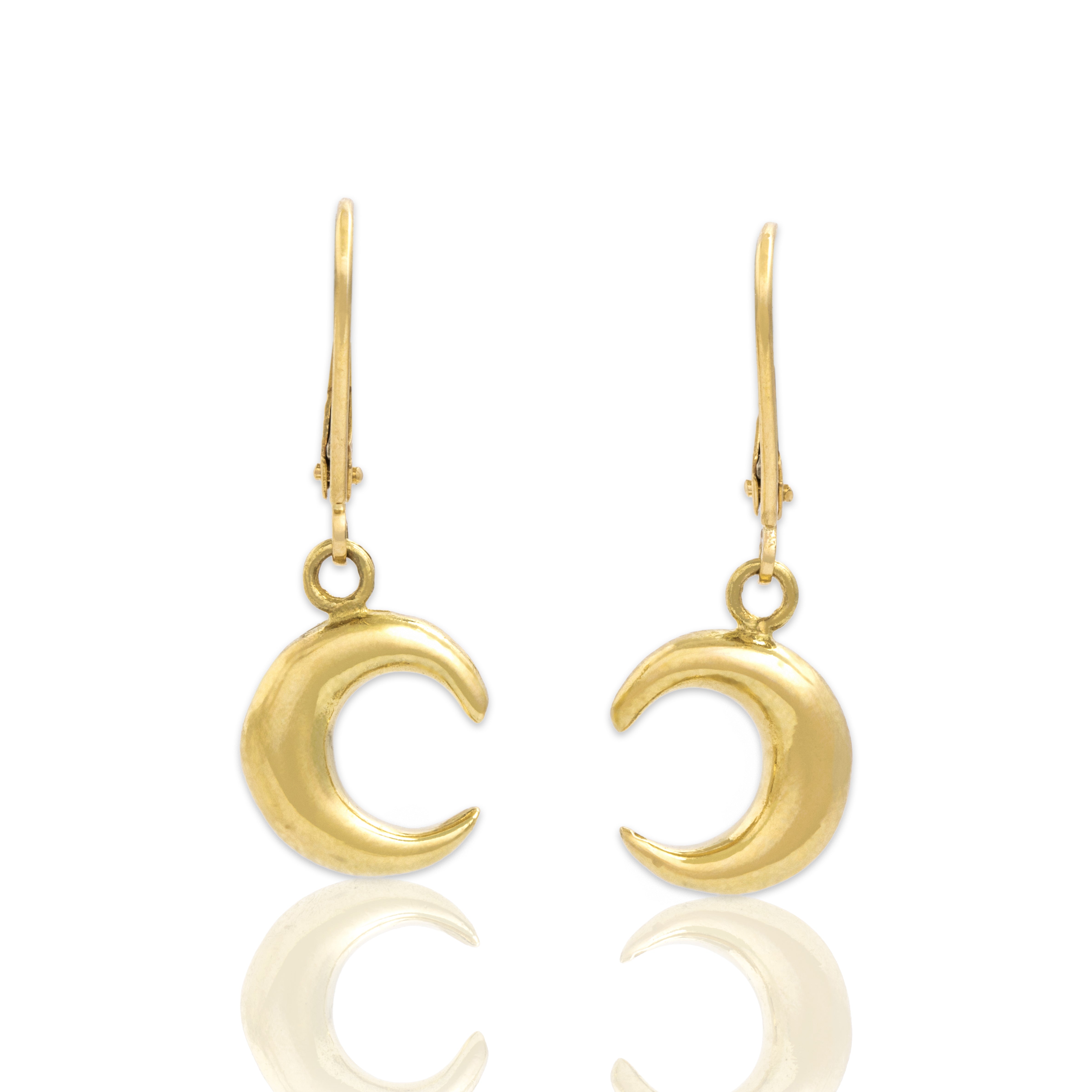 Vintage 18k Yellow Gold Whimsical Crescent Moon Dangle Earrings - Close-up view