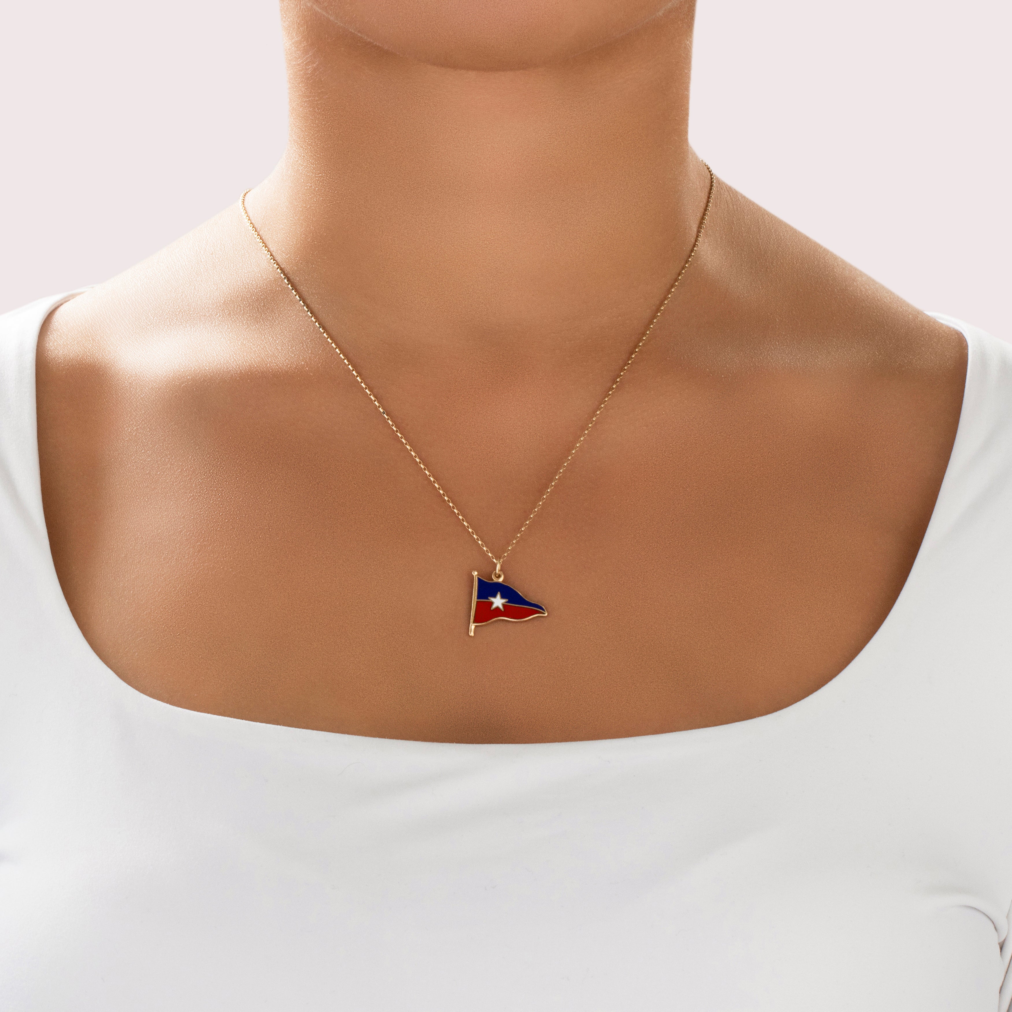 Vintage 14k Yellow Gold Enamel Pleon Yacht Club Burgee Charm / Pendant - On model view