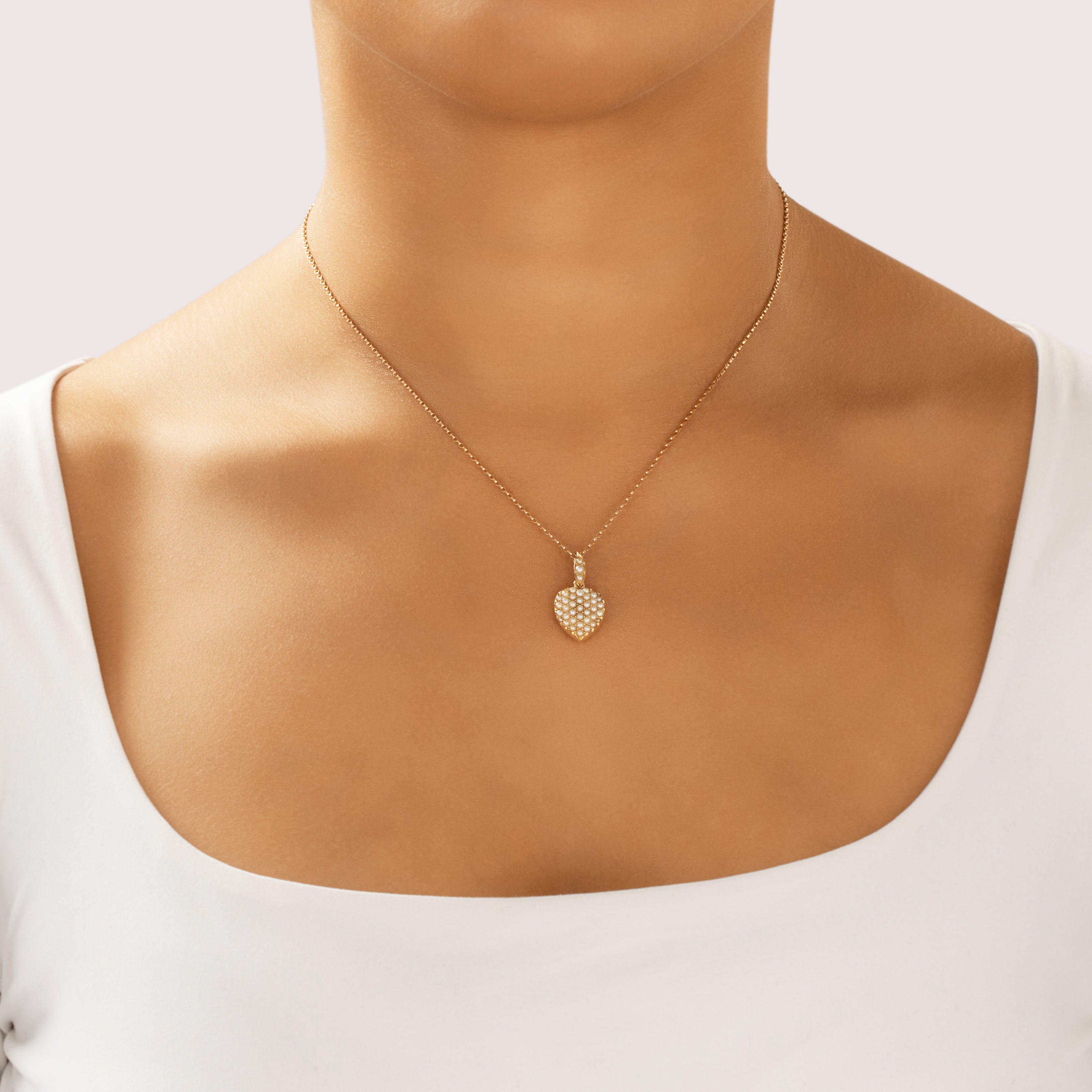 Antique 14k Rosy Yellow Gold Pearl Romantic Lustrous Heart Pendant - On model view