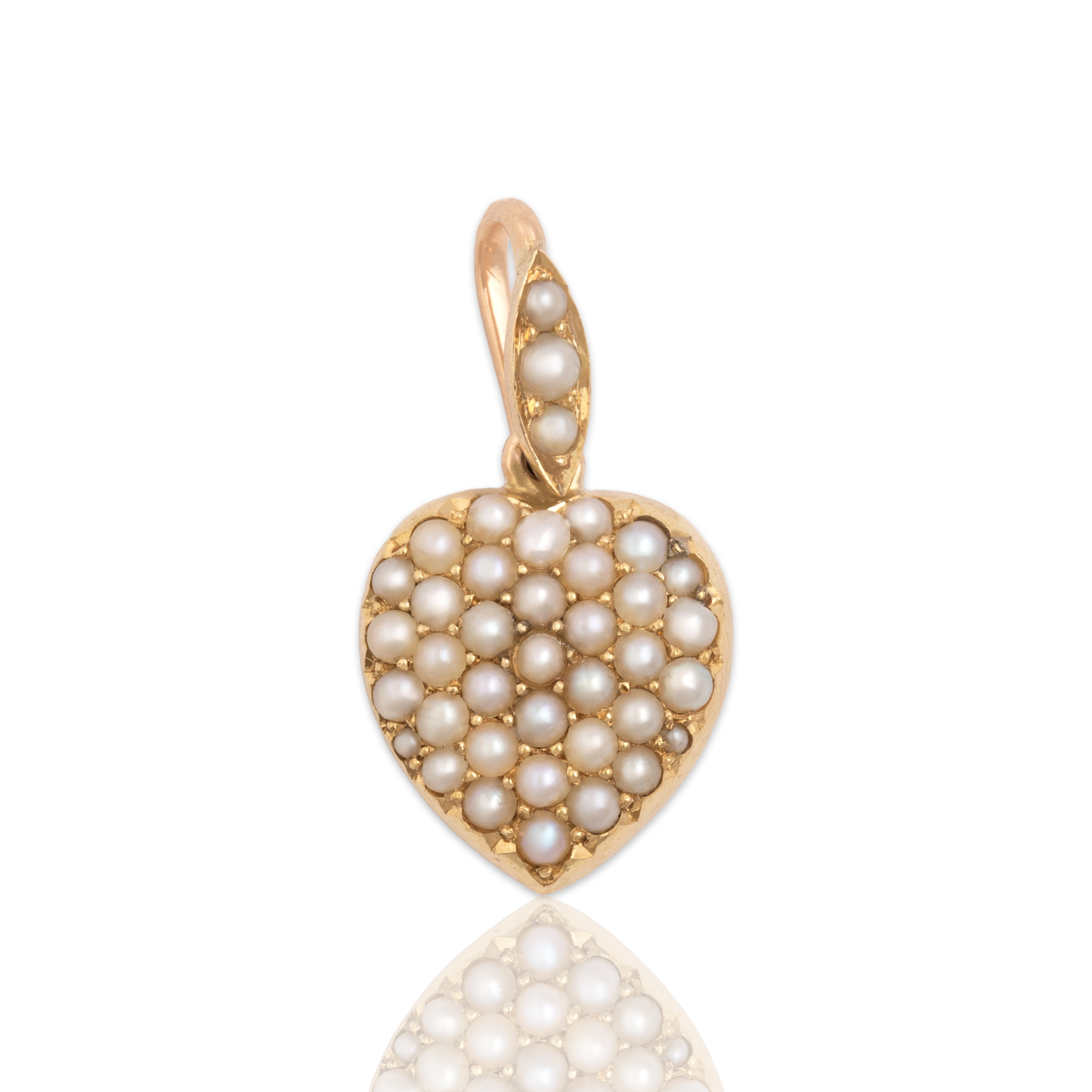 Antique 14k Rosy Yellow Gold Pearl Romantic Lustrous Heart Pendant - Close-up view