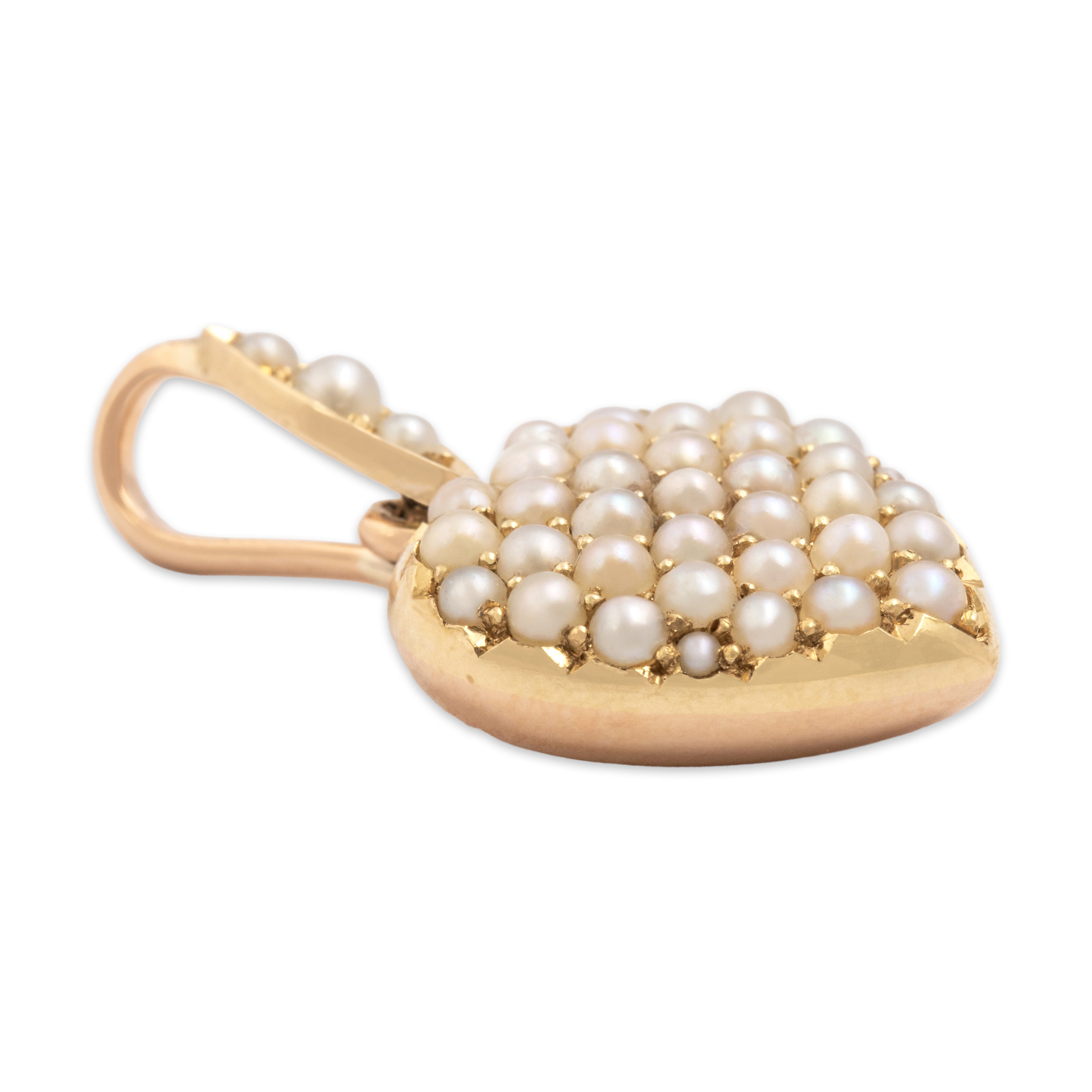 Antique 14k Rosy Yellow Gold Pearl Romantic Lustrous Heart Pendant - Side view