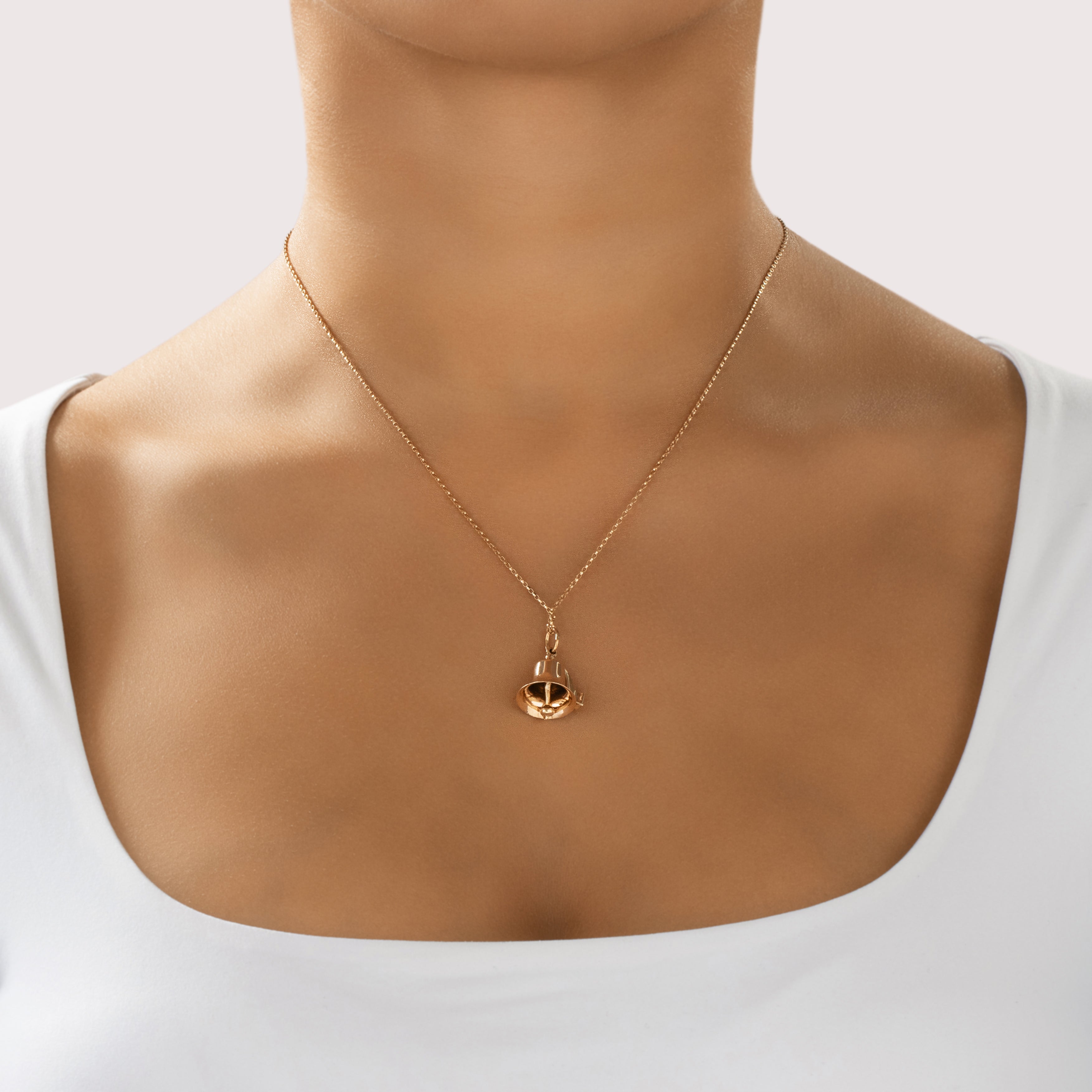 Vintage 14k Rosy Yellow Gold Bright Ringing Bell Charm / Pendant - On model view