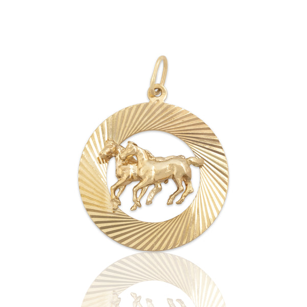 Vintage 14k Yellow Gold Wonderful Textured Galloping Horses Charm / Pendant