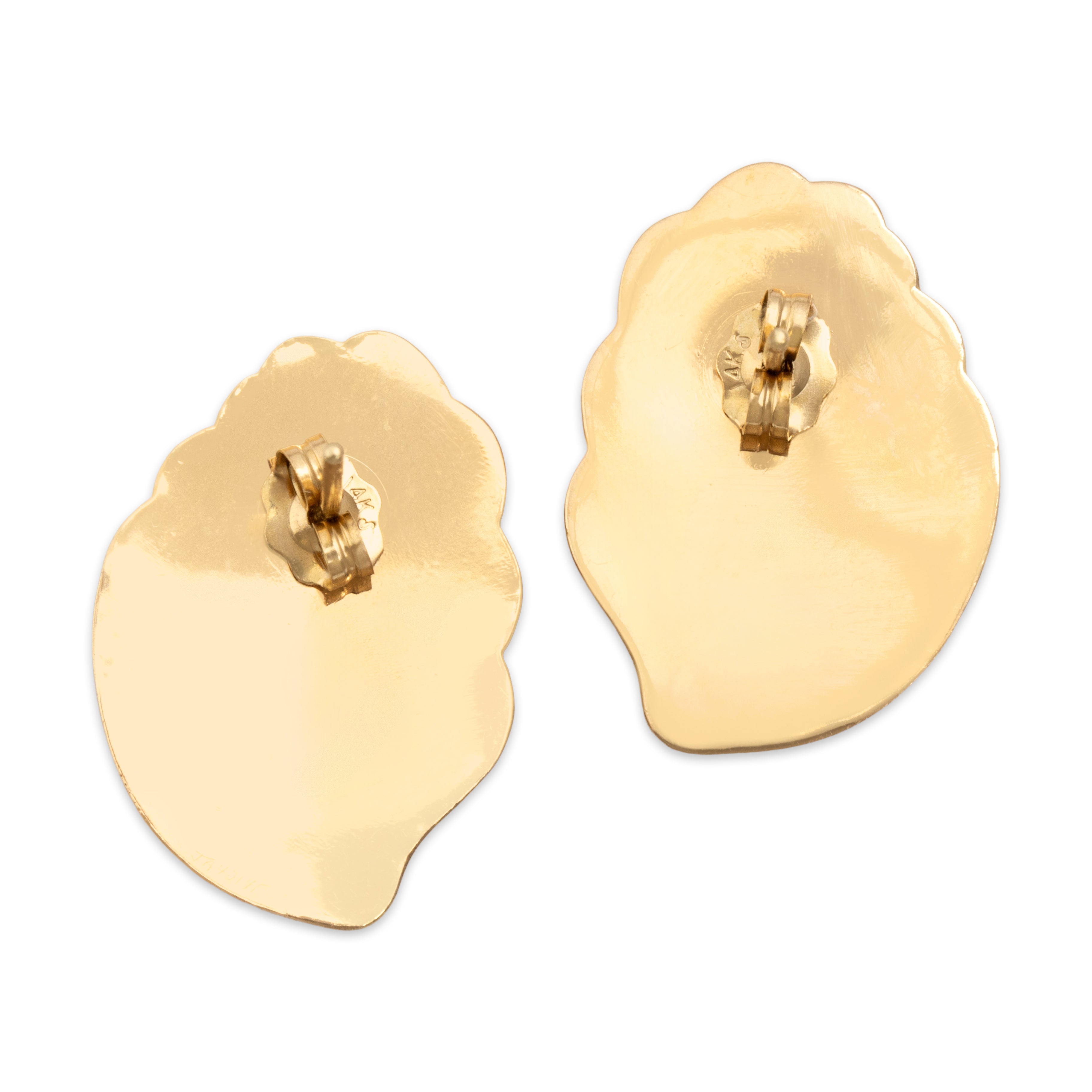 Vintage 14k Yellow Gold Swirling Puffy Shell Stud Earrings - Back view