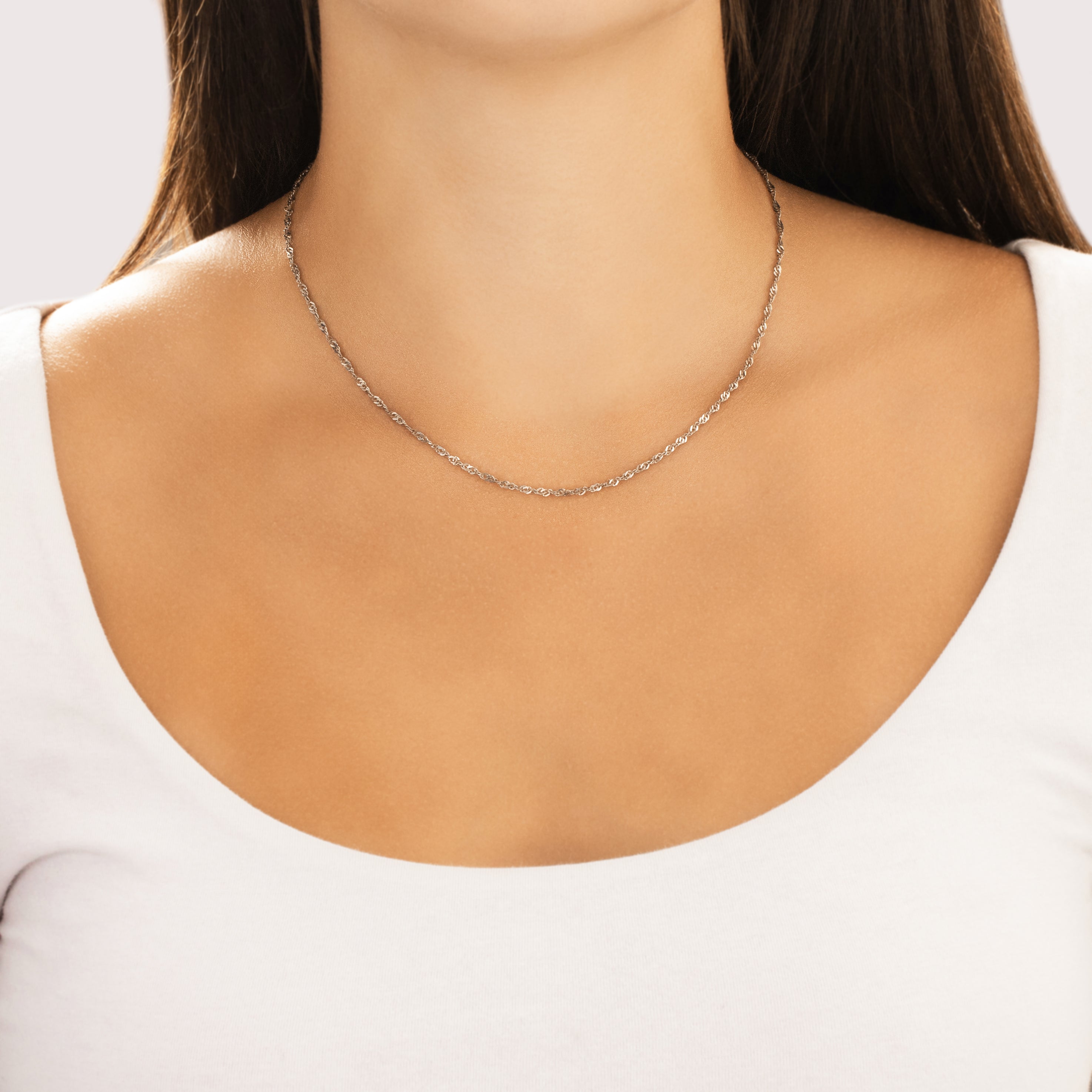 Vintage Italian 14k White Gold 1.8mm Delicate Twisting Curb Chain - On model view