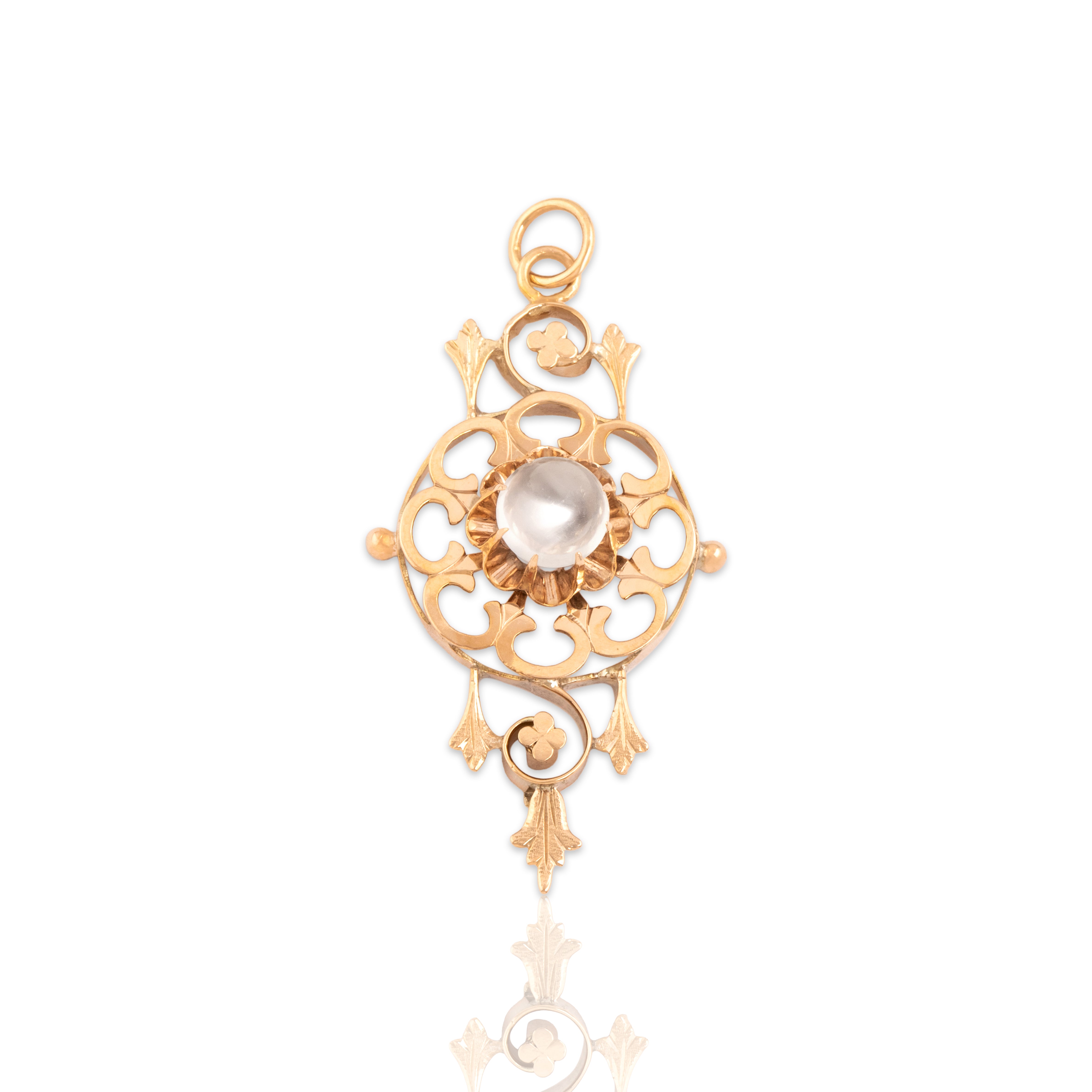 Antique 10k Rosy Yellow Gold .87ct Moonstone Gleaming Ornate Buttercup-Set Pendant