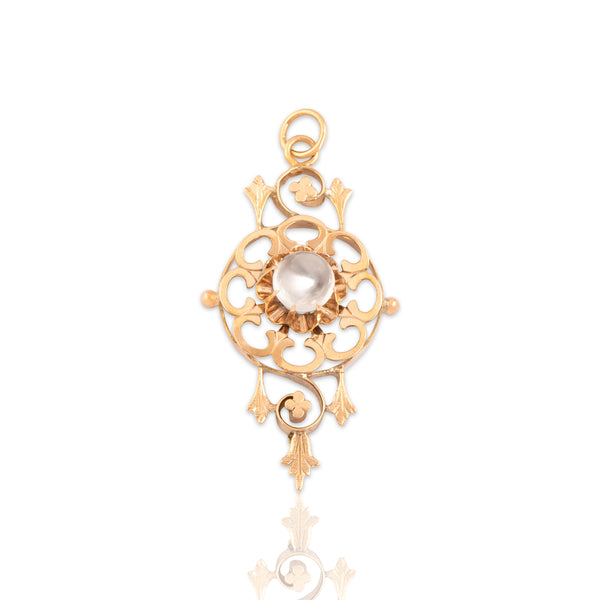 Antique 10k Rosy Yellow Gold .87ct Moonstone Gleaming Ornate Buttercup-Set Pendant