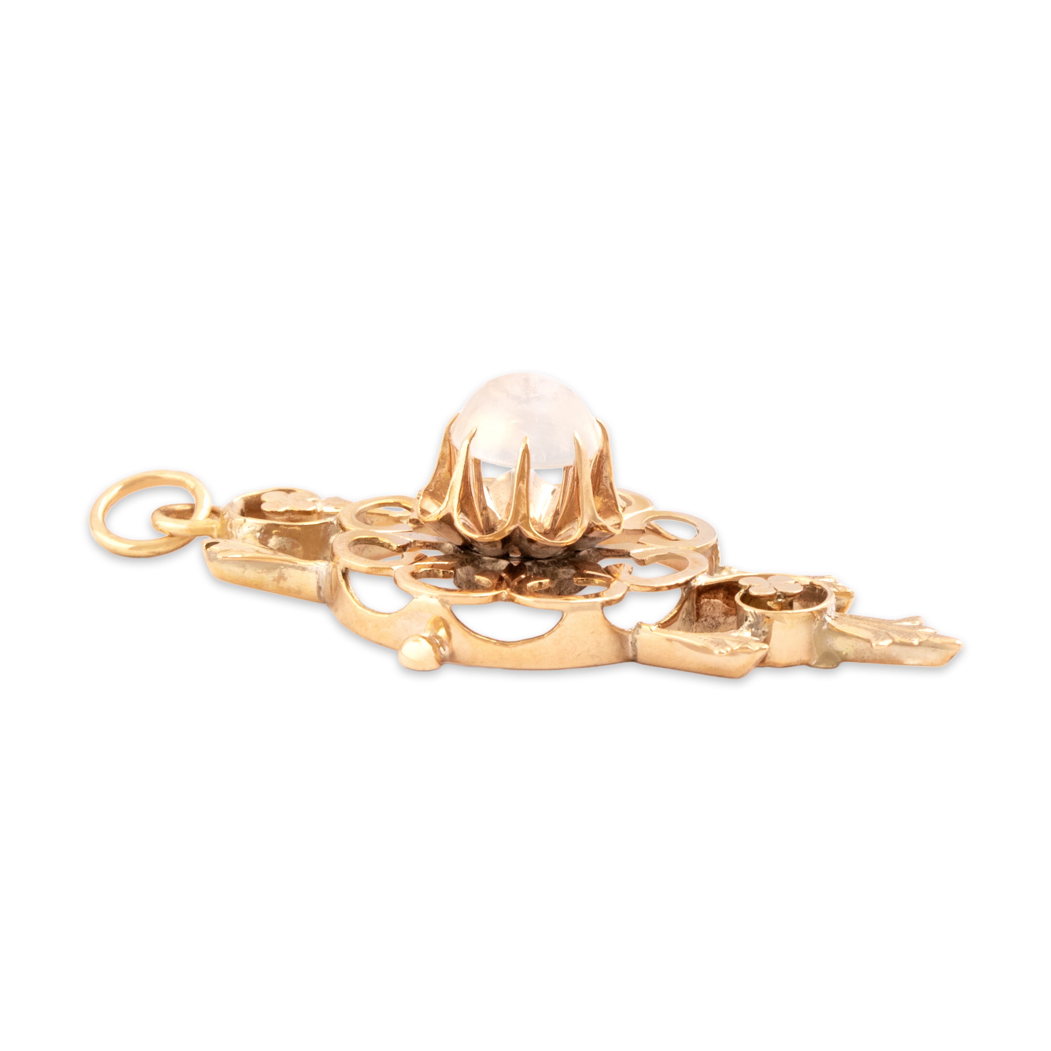 Antique 10k Rosy Yellow Gold .87ct Moonstone Gleaming Ornate Buttercup-Set Pendant - Side view