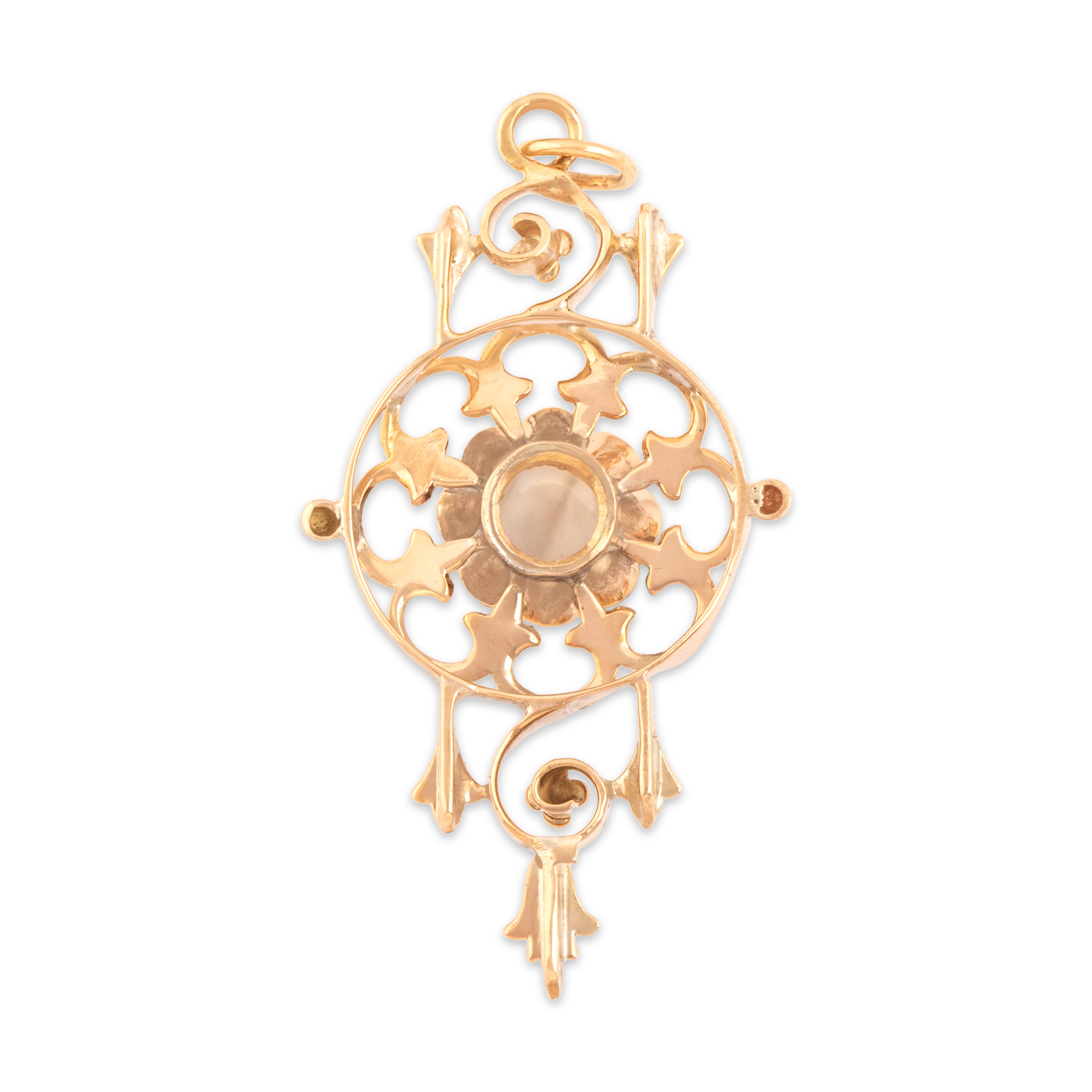 Antique 10k Rosy Yellow Gold .87ct Moonstone Gleaming Ornate Buttercup-Set Pendant - Back view