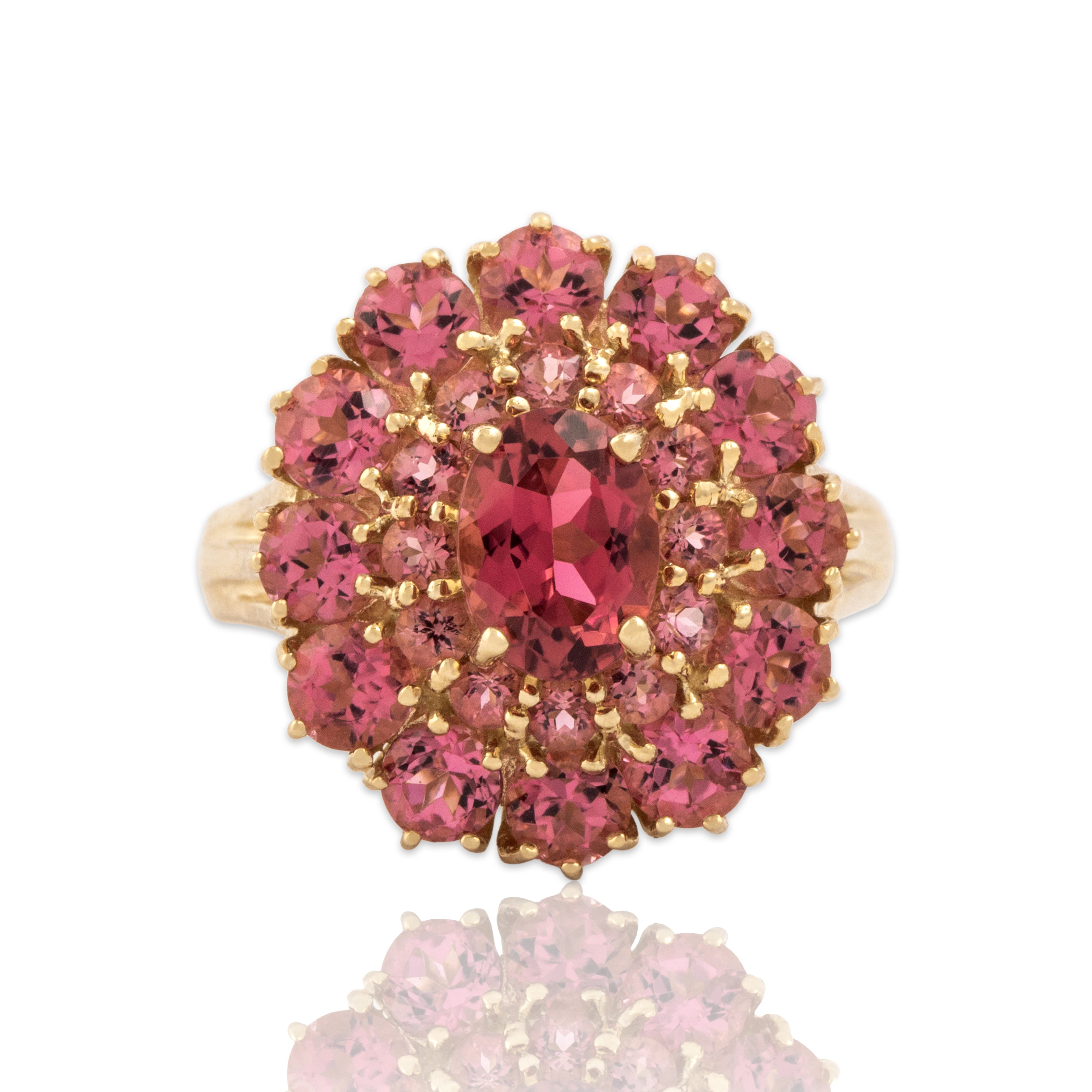 Vintage 14k Yellow Gold 2.76cttw Pink Garnet Elegant Halo Cluster Ring - Close-up view