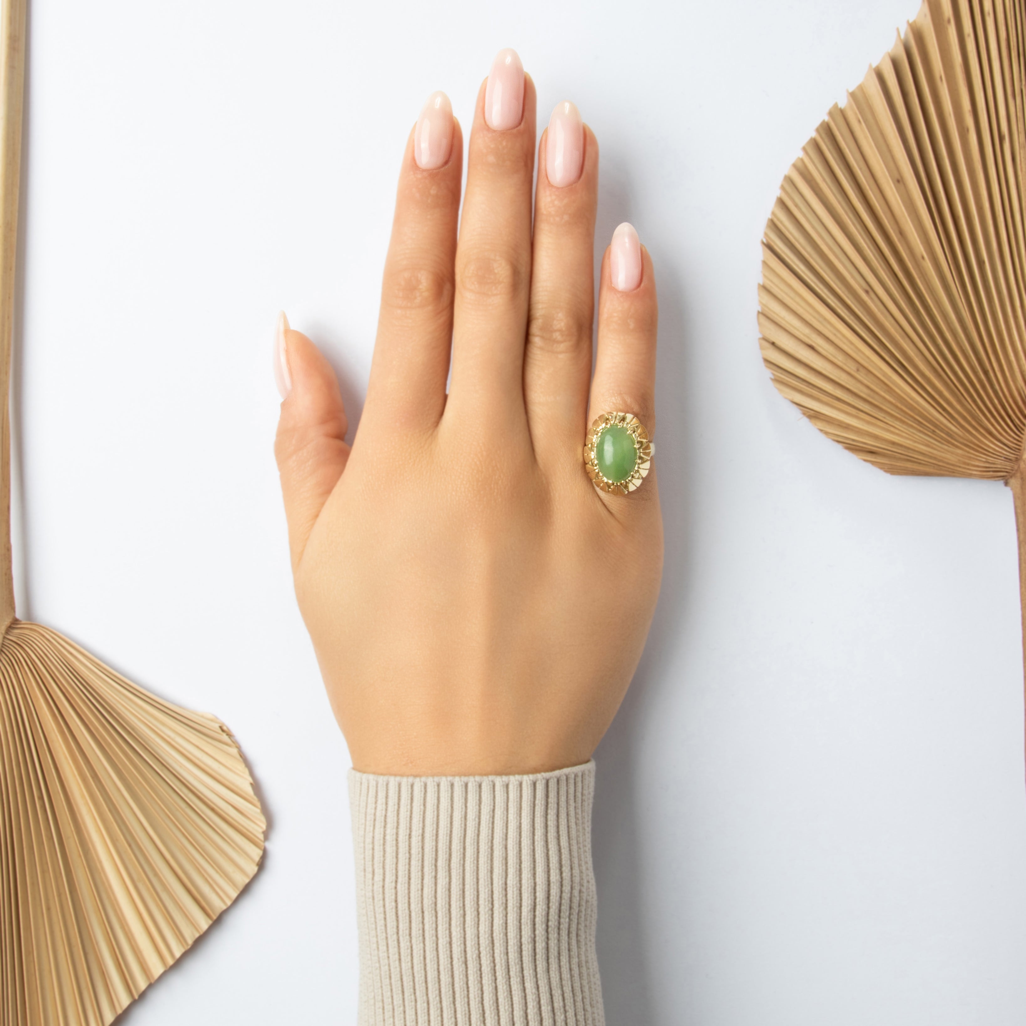 Vintage 14k Yellow Gold 4.54ct Jade Geometric Basket Cabochon Cocktail Ring - On model view